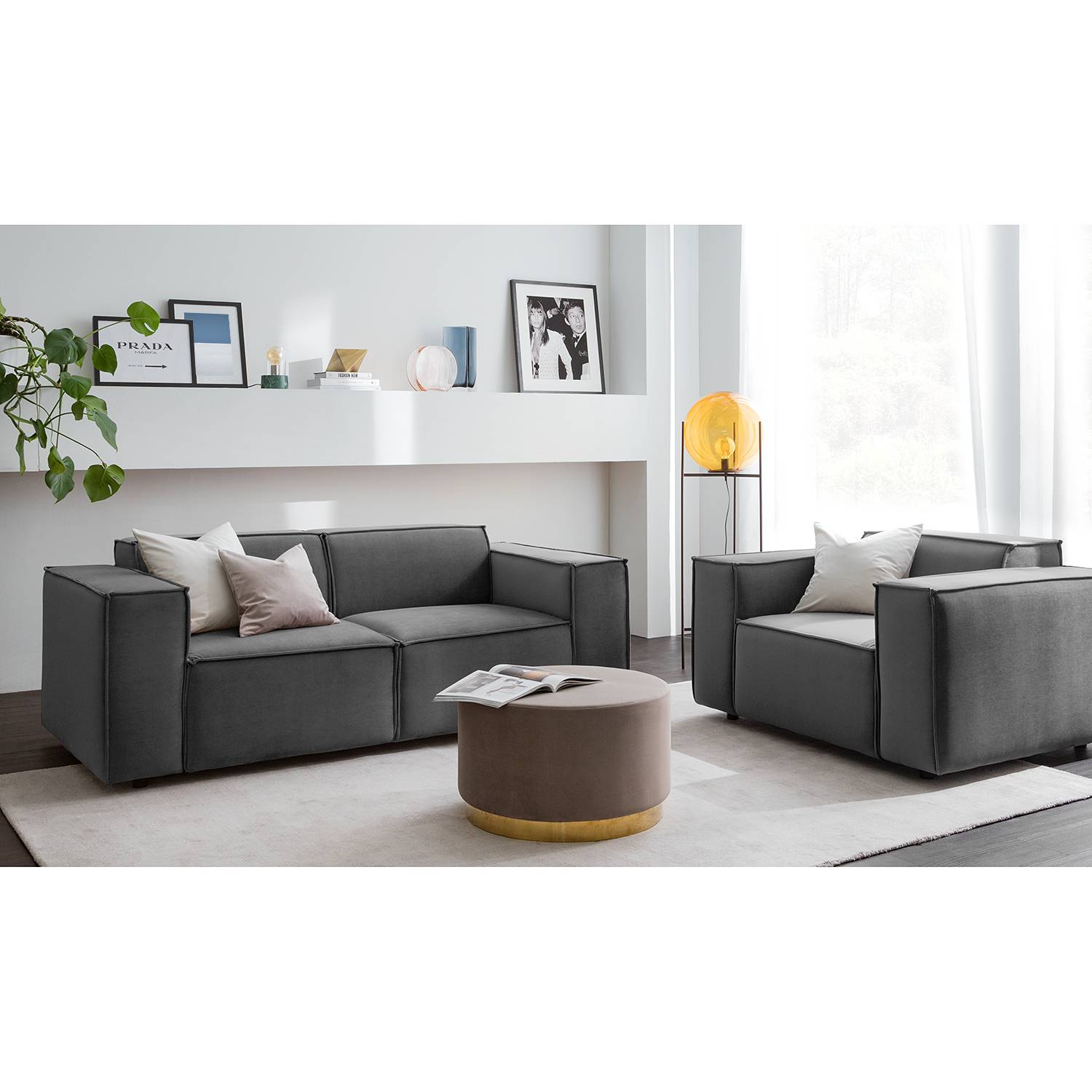 home24 Sofa Kinx II 2-Sitzer Grau Samt 189x71x96 cm (BxHxT) Glamour