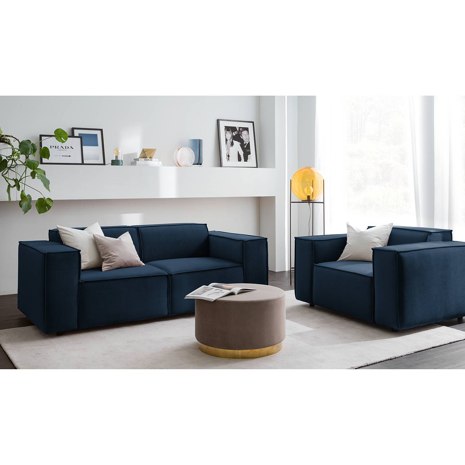 home24 Sofa Kinx II 2-Sitzer Dunkelblau Samt 189x71x96 cm (BxHxT) Glamour