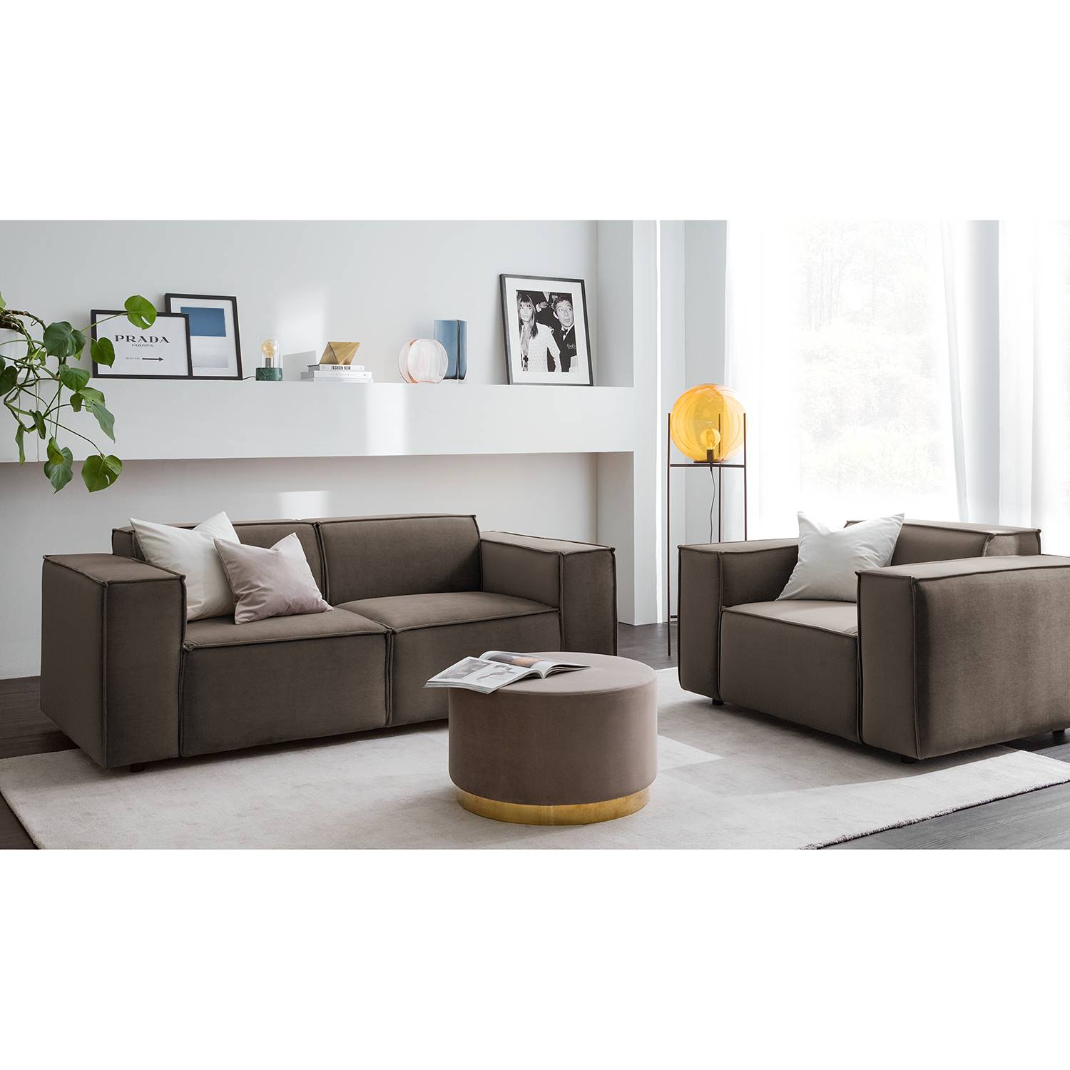home24 Sofa Kinx II 2-Sitzer Taupe Samt 189x71x96 cm (BxHxT) Glamour