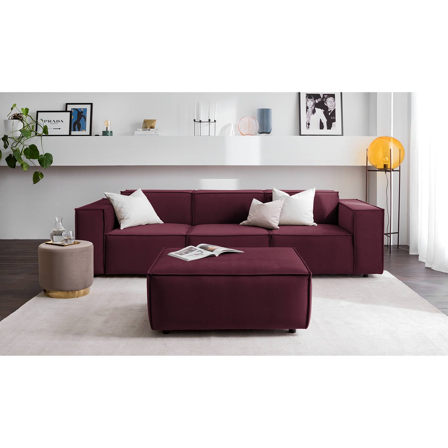 home24 Polsterhocker Kinx III Aubergine Samt 98x41x79 cm (BxHxT) Glamour