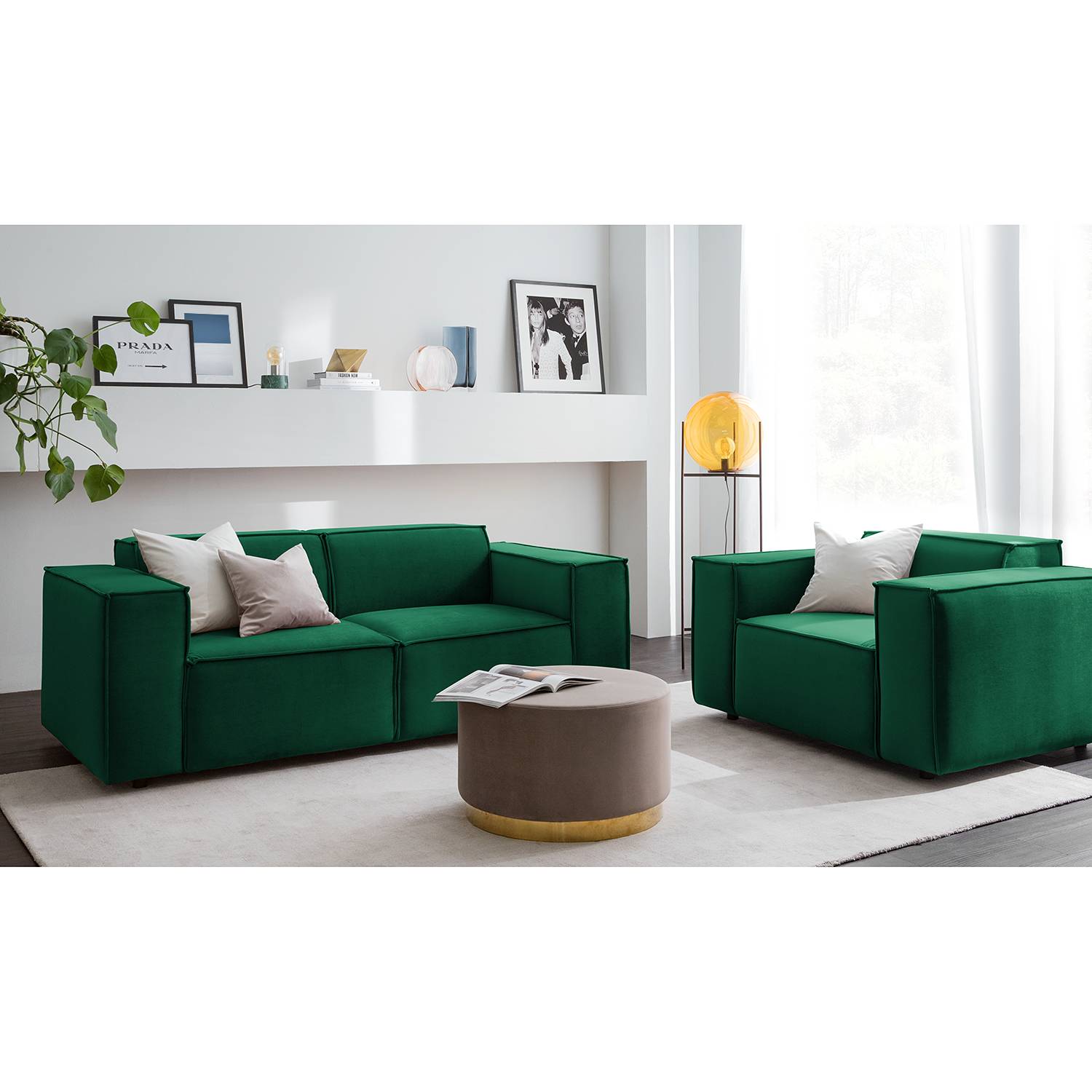 home24 Sofa Kinx II 2-Sitzer Dunkelgrün Samt 189x71x96 cm (BxHxT) Glamour
