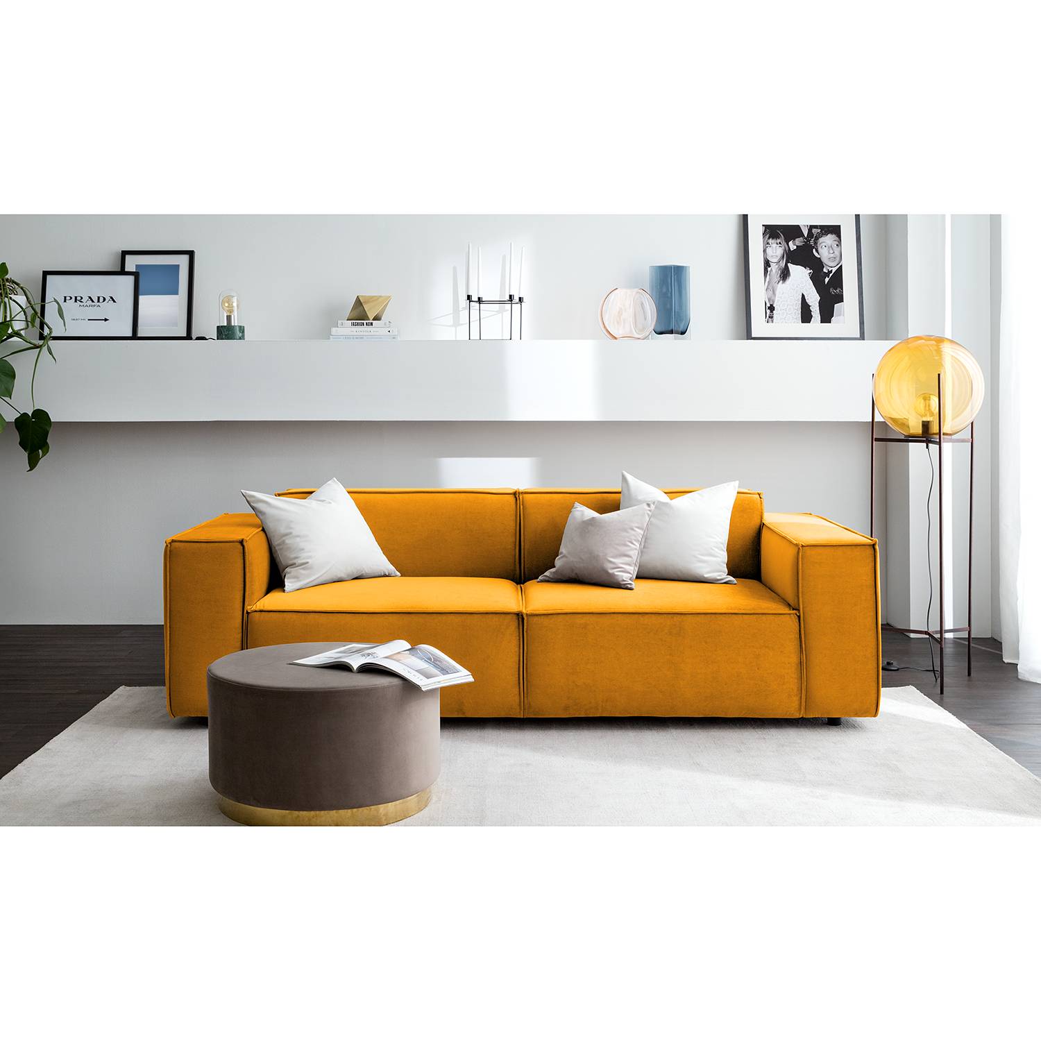 home24 Sofa Kinx II 2,5-Sitzer Senfgelb Samt 223x71x96 cm (BxHxT) Glamour