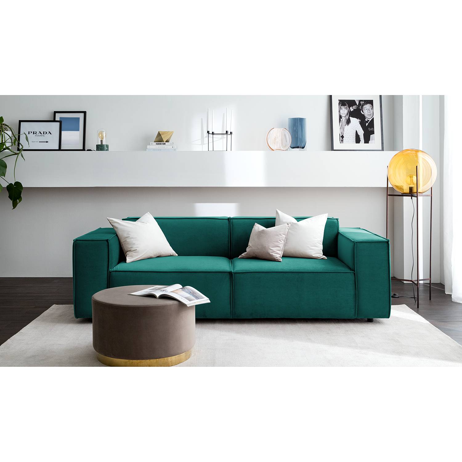 home24 Sofa Kinx II 2,5-Sitzer Petrol Samt 223x71x96 cm (BxHxT) Glamour