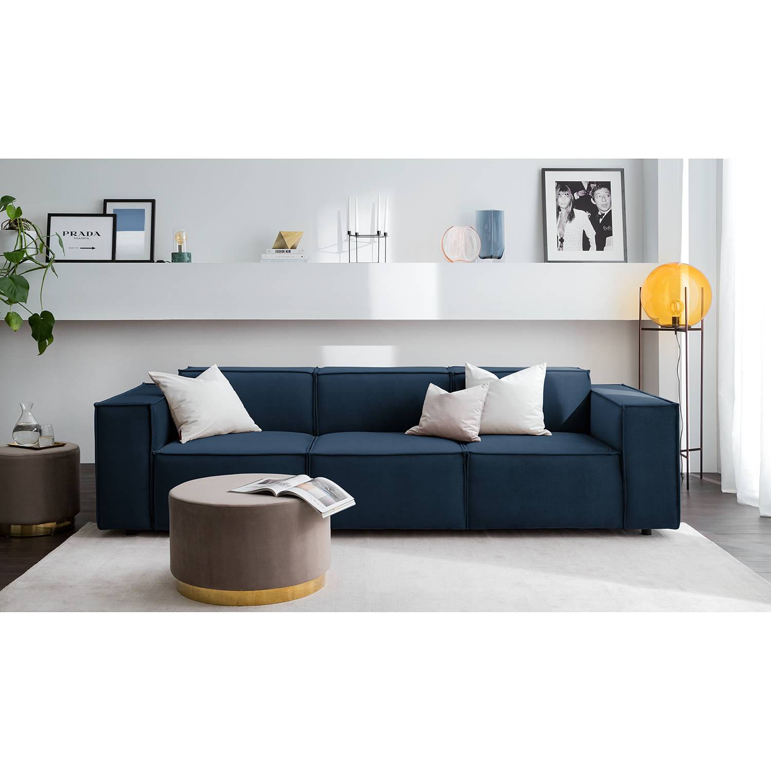 home24 Sofa Kinx II 3-Sitzer Dunkelblau Samt 260x71x96 cm (BxHxT) Glamour