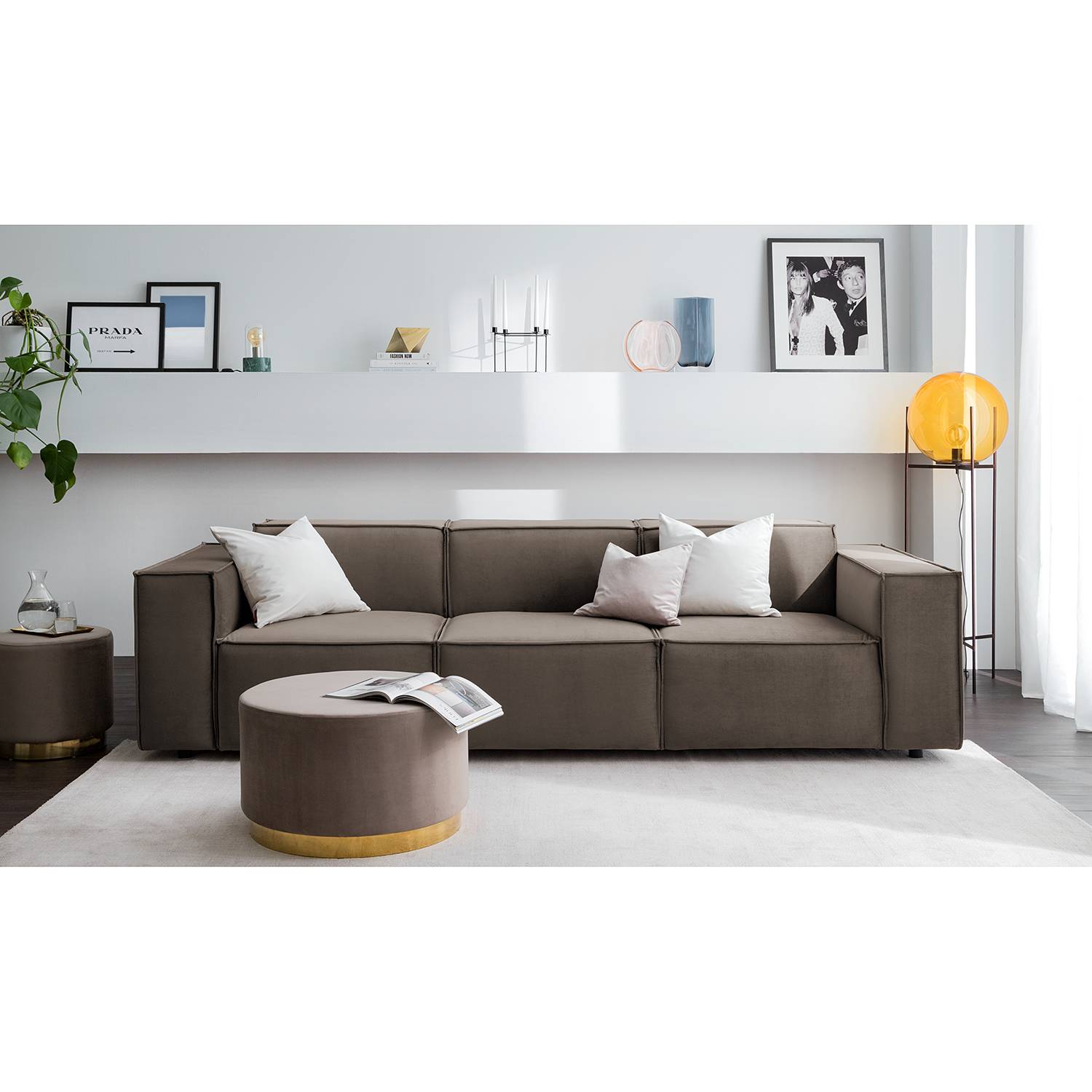 home24 Sofa Kinx II 3-Sitzer Taupe Samt 260x71x96 cm (BxHxT) Glamour