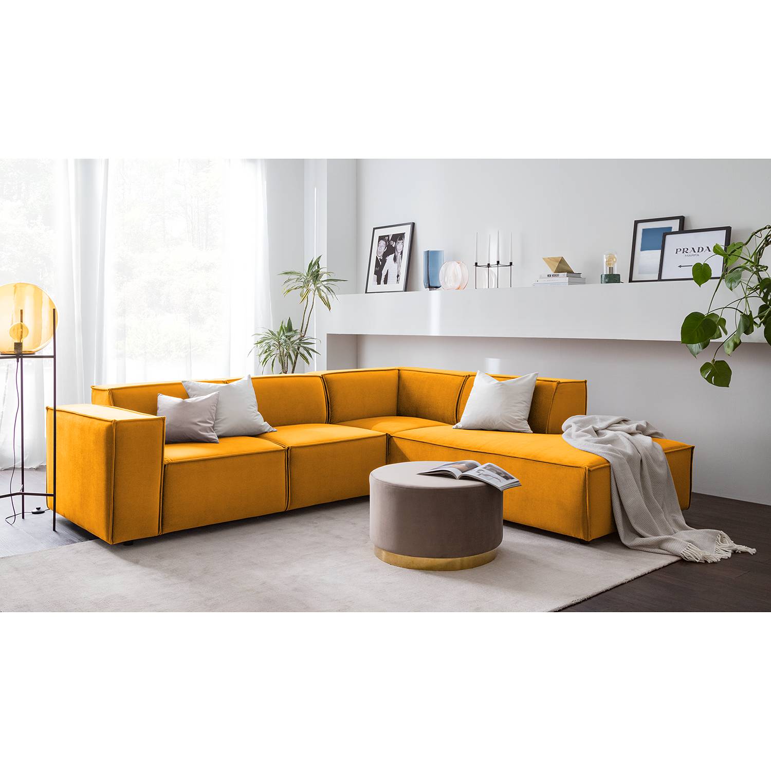 home24 Ecksofa Kinx IV Senfgelb Samt 259x71x234 cm (BxHxT) Glamour