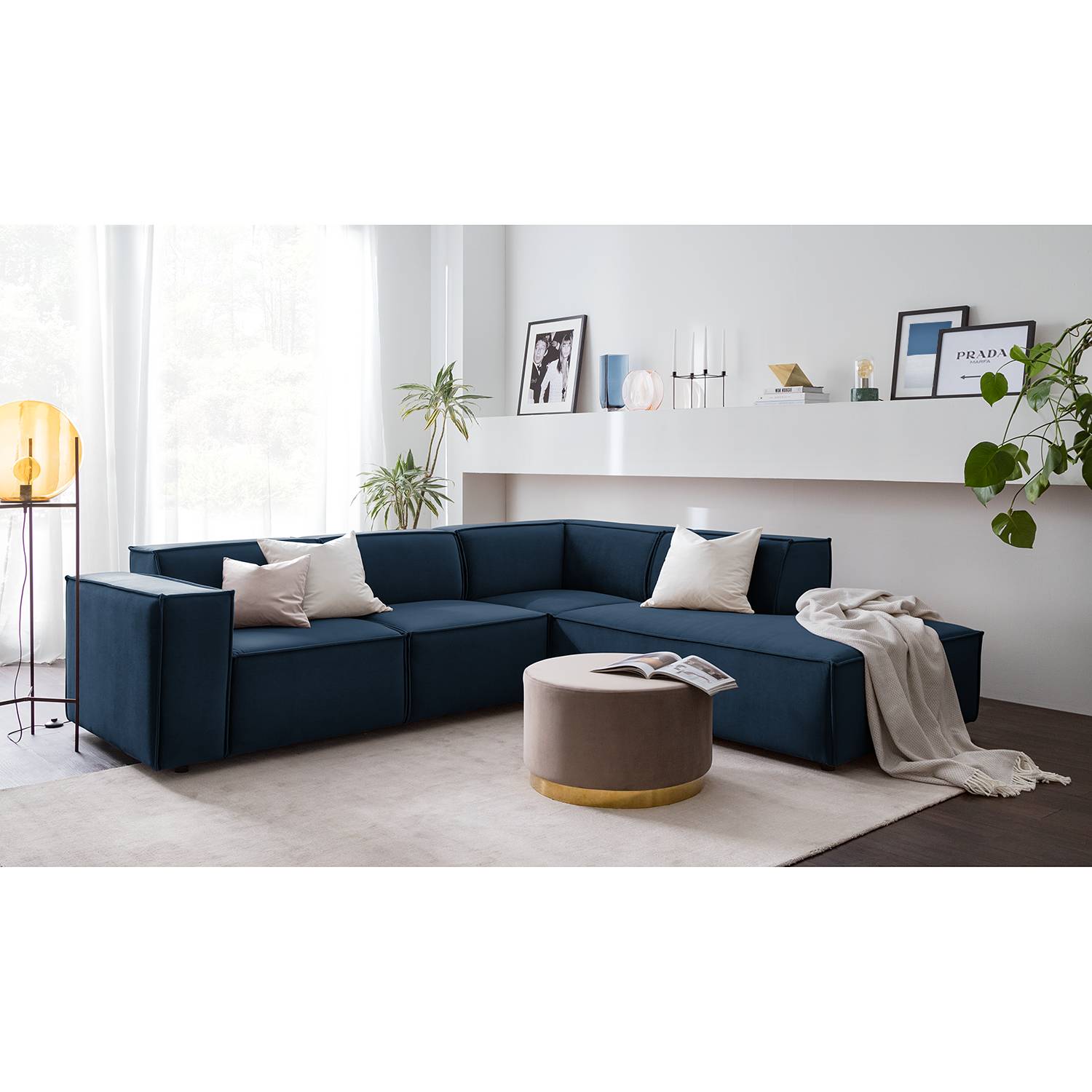 home24 Ecksofa Kinx IV Dunkelblau Samt 259x71x234 cm (BxHxT) Glamour