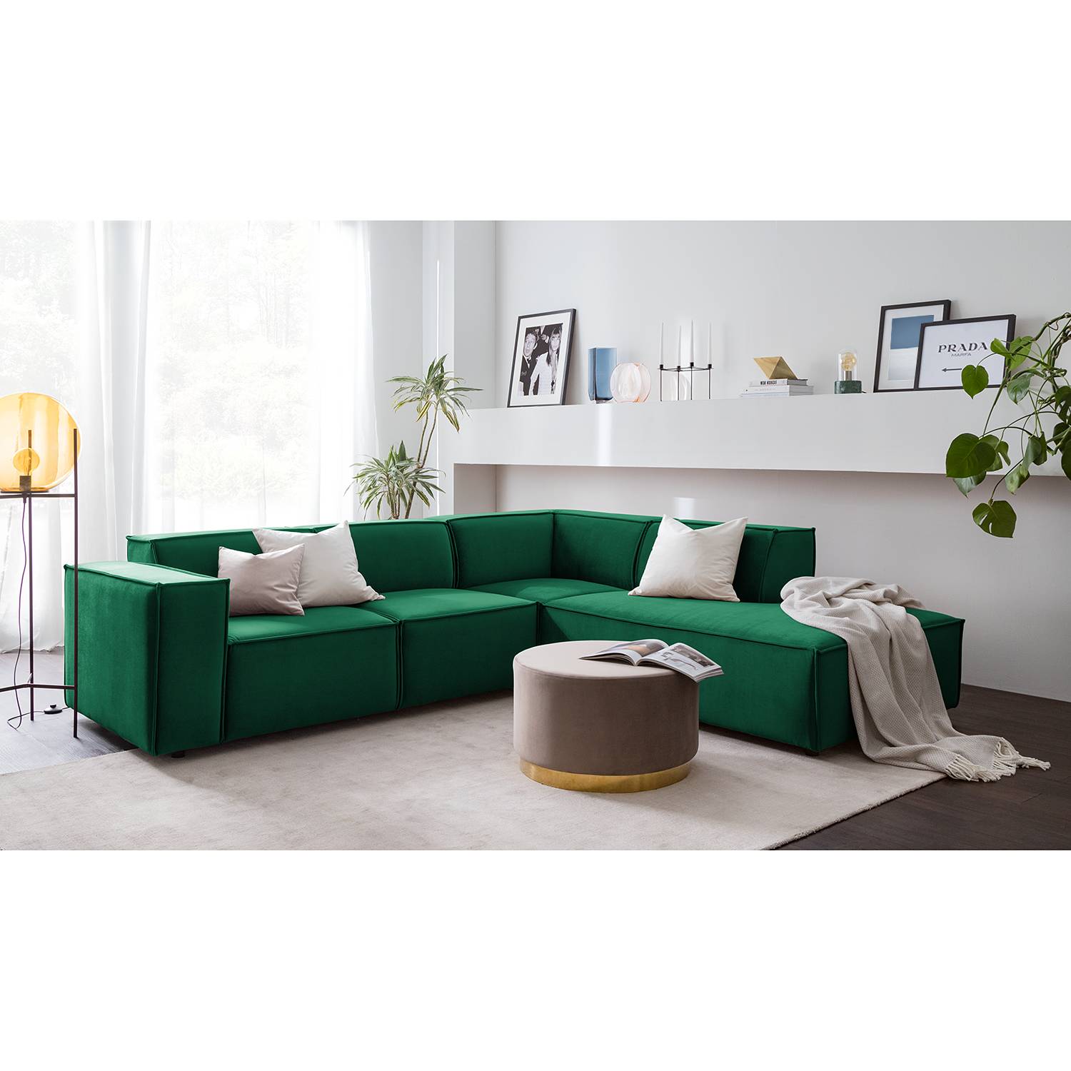 home24 Ecksofa Kinx IV Dunkelgrün Samt 259x71x234 cm (BxHxT) Glamour