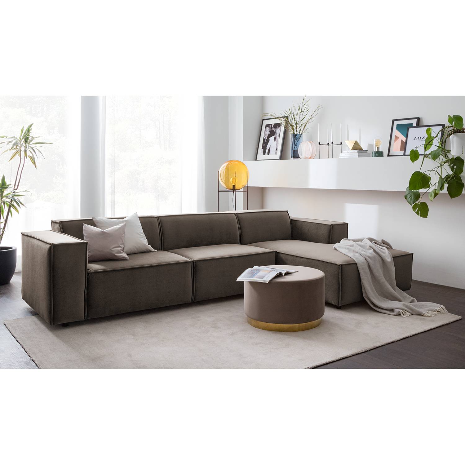 home24 Ecksofa Kinx V Taupe Samt 294x71x177 cm (BxHxT) Glamour