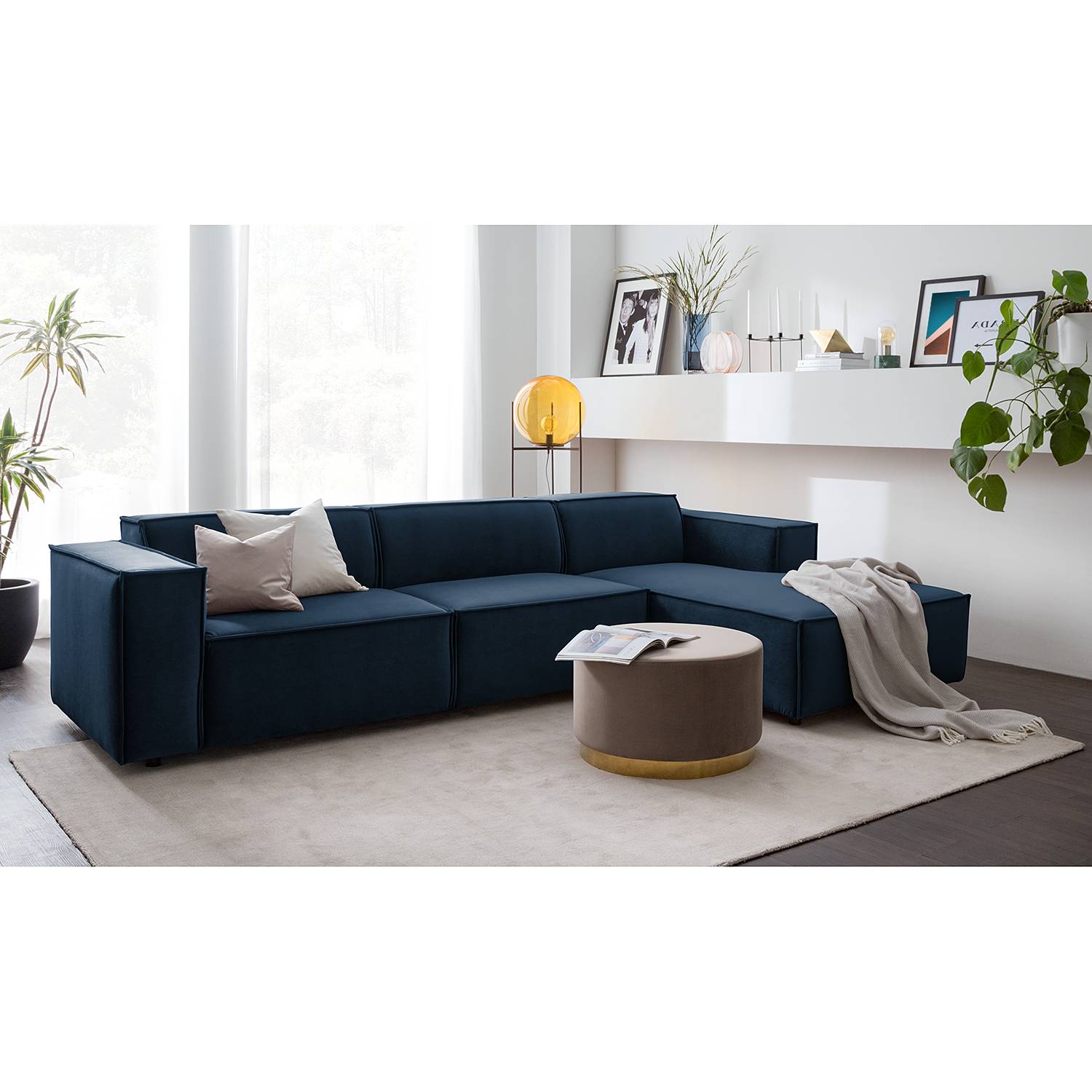 home24 Ecksofa Kinx V Dunkelblau Samt 294x71x177 cm (BxHxT) Glamour