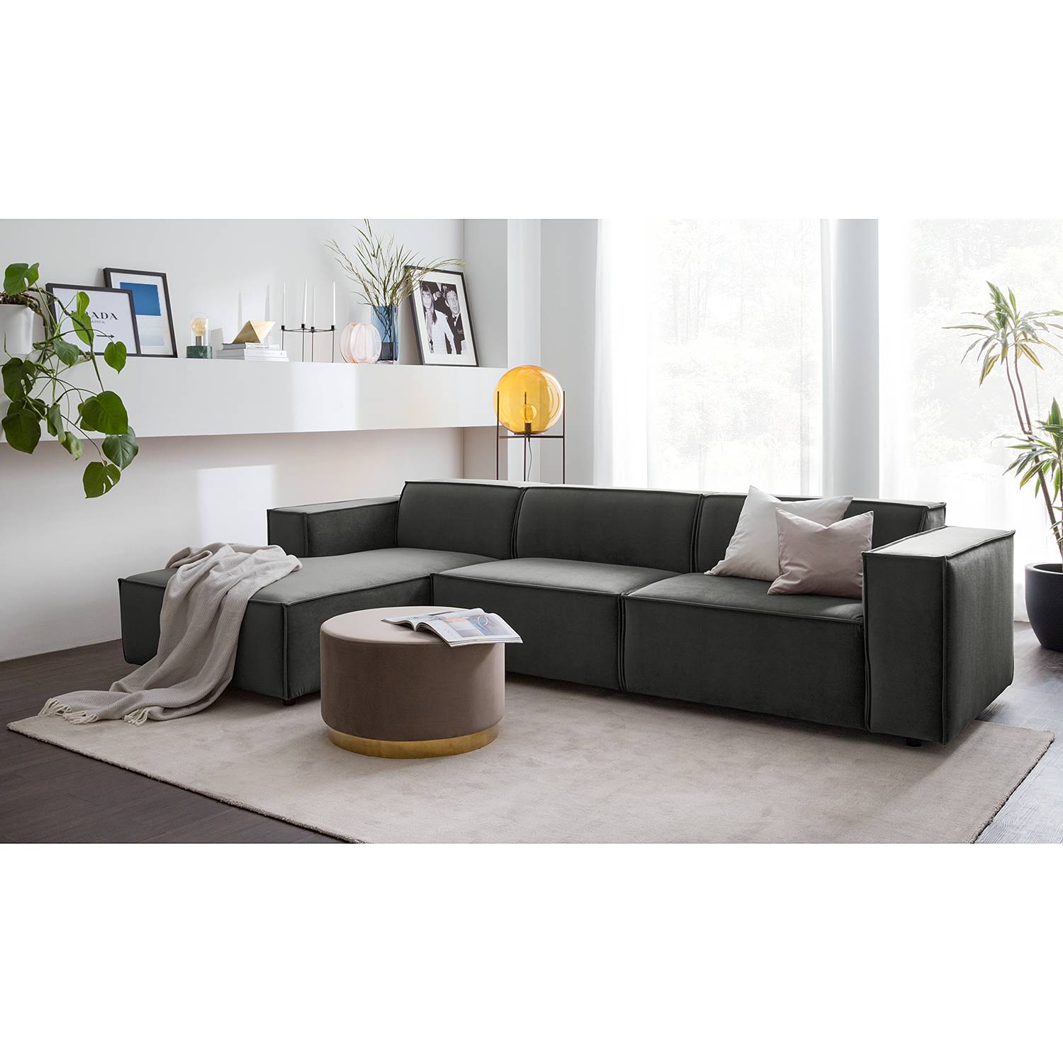 home24 Ecksofa Kinx V Rauchgrün Samt 294x71x177 cm (BxHxT) Glamour