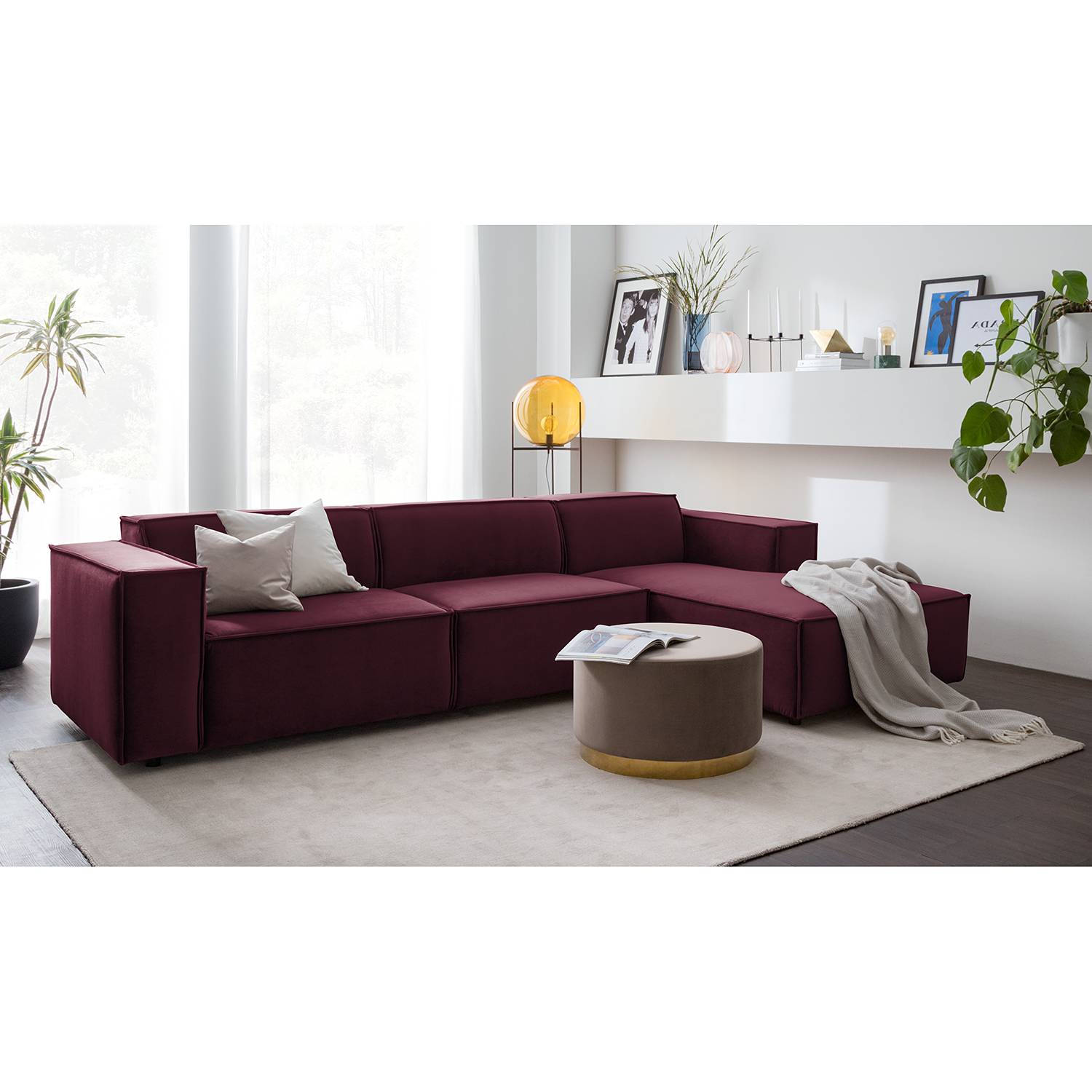 home24 Ecksofa Kinx V Aubergine Samt 294x71x177 cm (BxHxT) Glamour