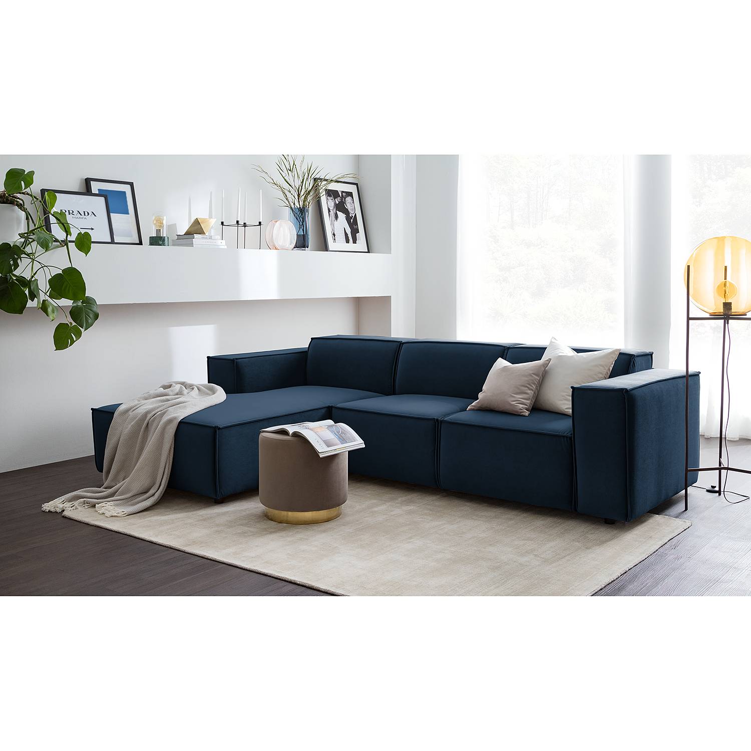 home24 Ecksofa Kinx VI Dunkelblau Samt 260x71x177 cm (BxHxT) Glamour