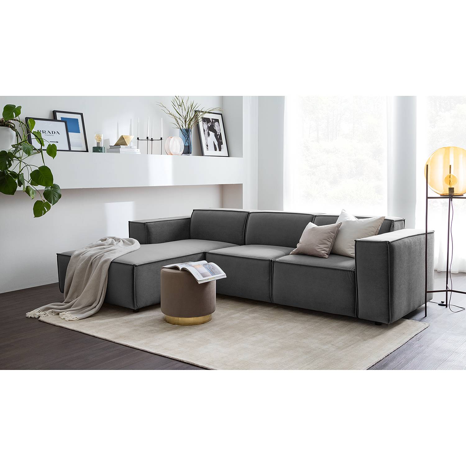 home24 Ecksofa Kinx VI Grau Samt 260x71x177 cm (BxHxT) Glamour