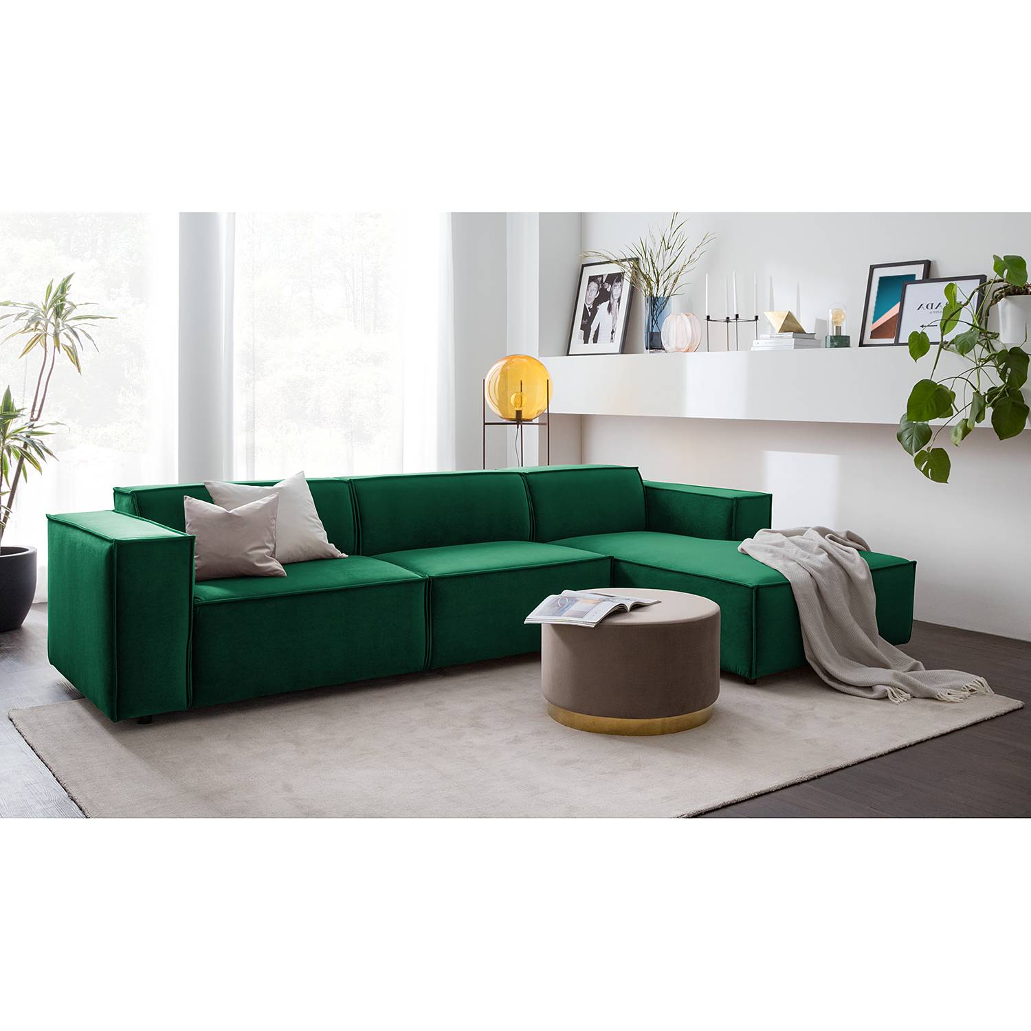 home24 Ecksofa Kinx V Dunkelgrün Samt 294x71x177 cm (BxHxT) Glamour