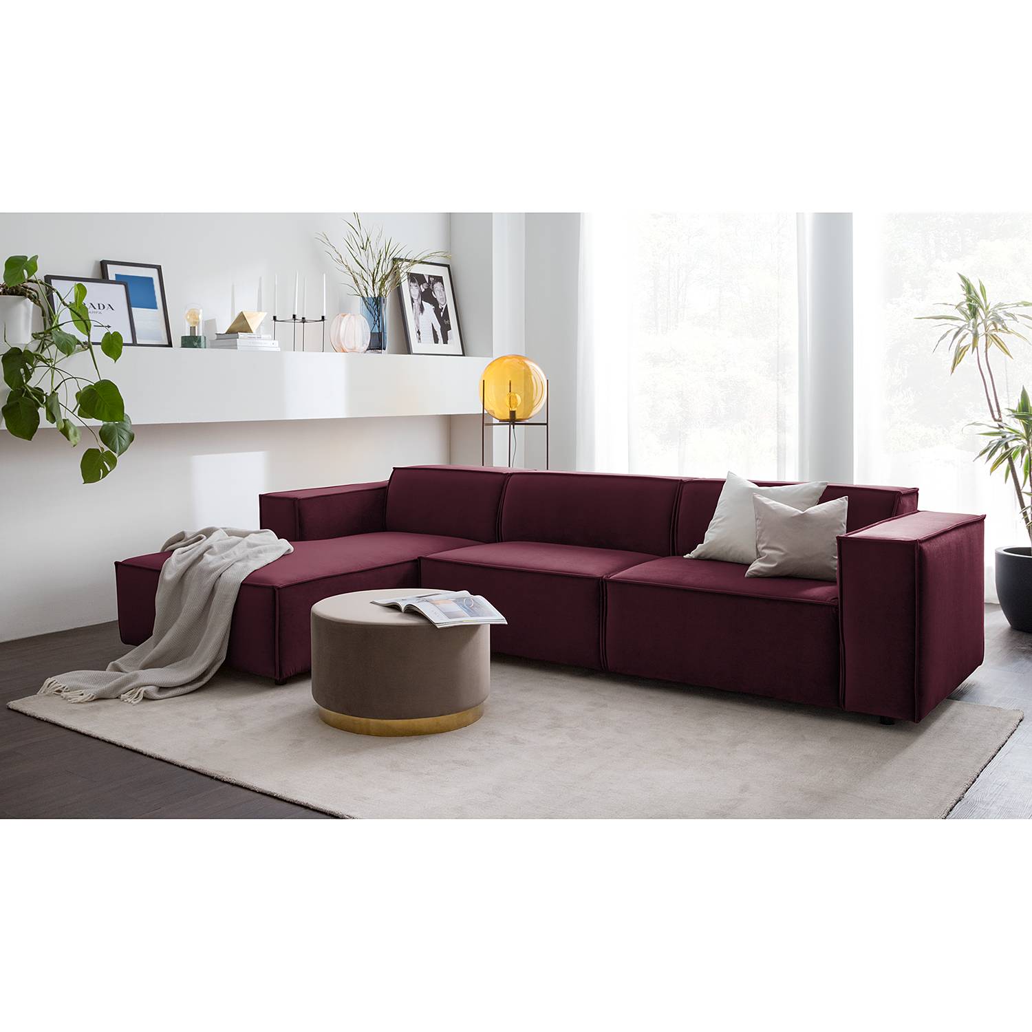 home24 Ecksofa Kinx V Aubergine Samt 294x71x177 cm (BxHxT) Glamour