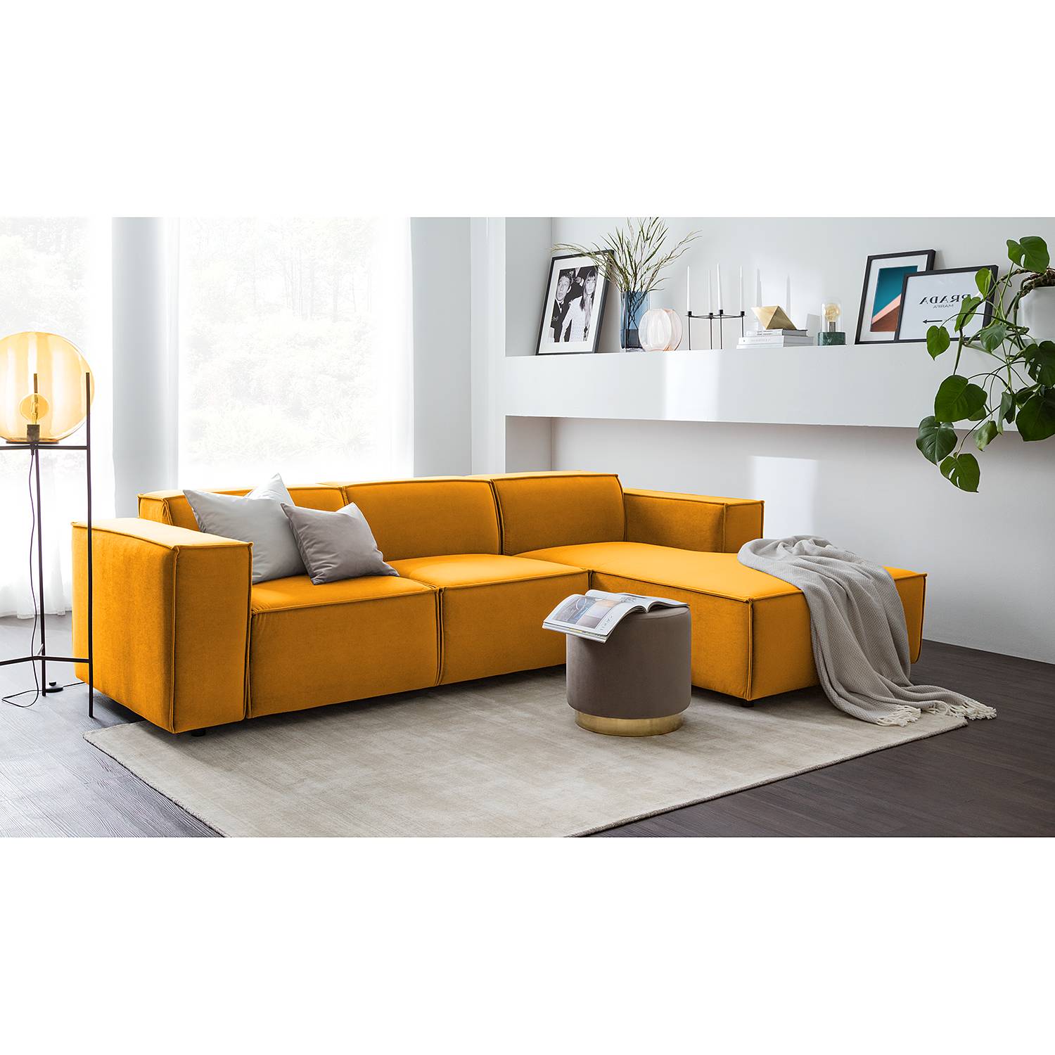 home24 Ecksofa Kinx VI Senfgelb Samt 260x71x177 cm (BxHxT) Glamour