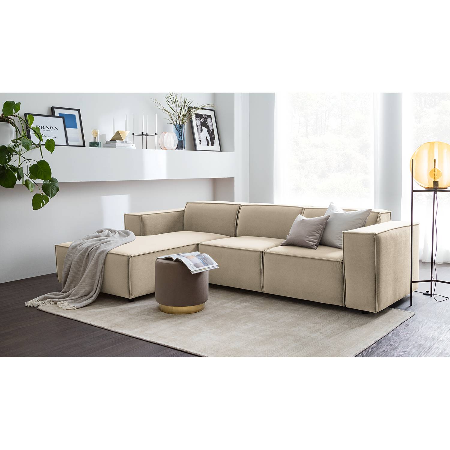 home24 Ecksofa Kinx VI Beige Samt 260x71x177 cm (BxHxT) Glamour