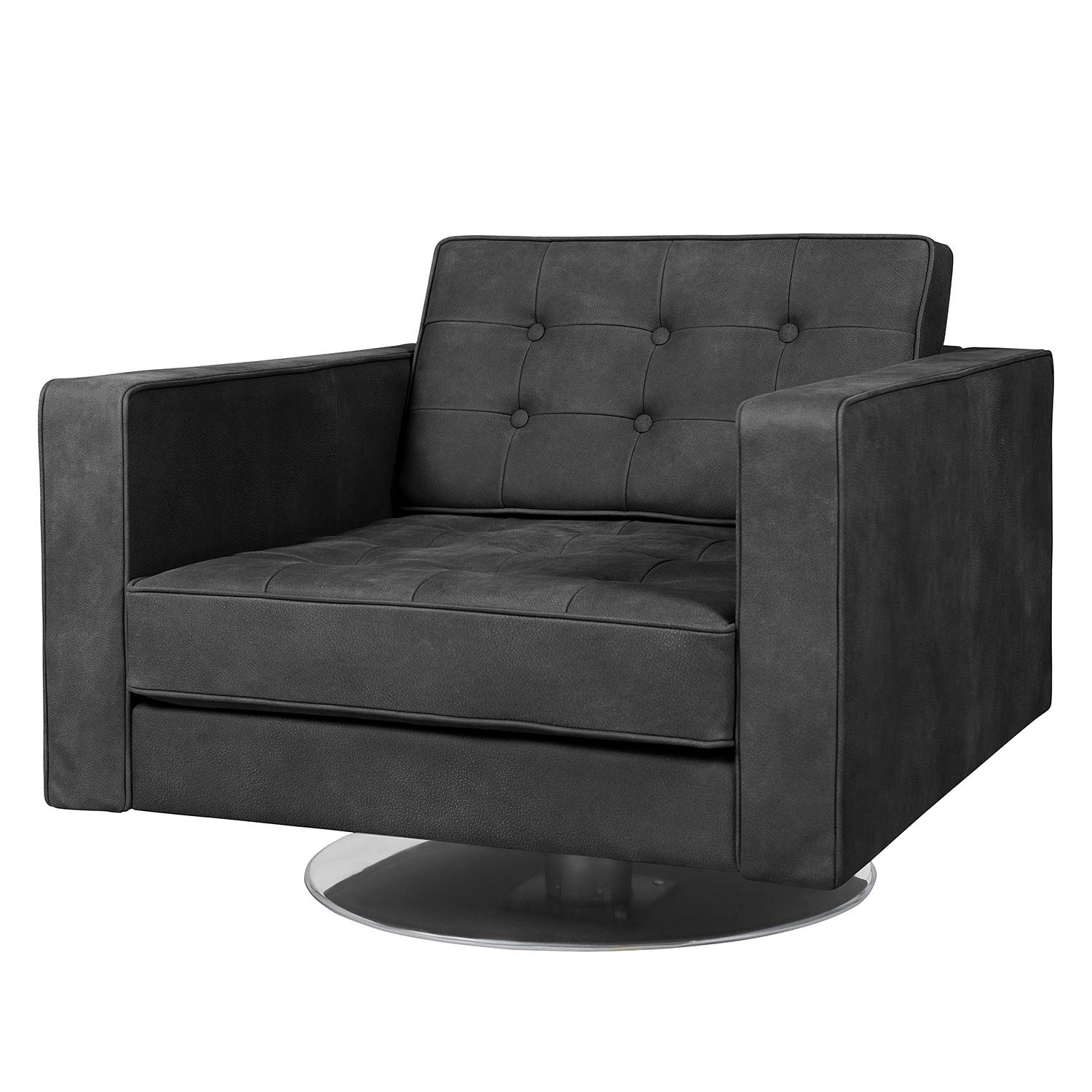 home24 Fredriks Drehsessel Chelsea IV Schwarz Echtleder 82x75x85 cm (BxHxT)
