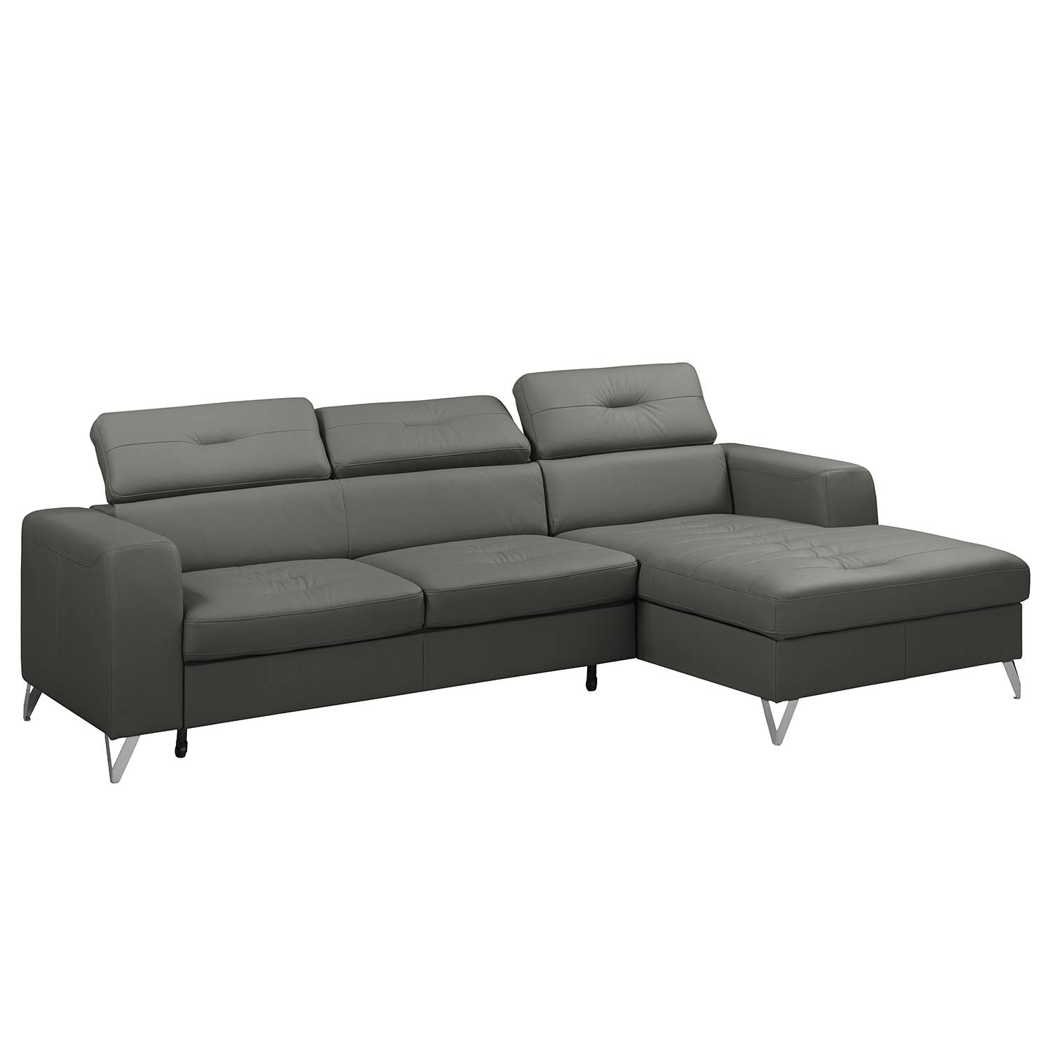 home24 Fredriks Ecksofa Lucena Grau Echtleder 255x75x179 cm mit Schlaffunktion und Bettkasten