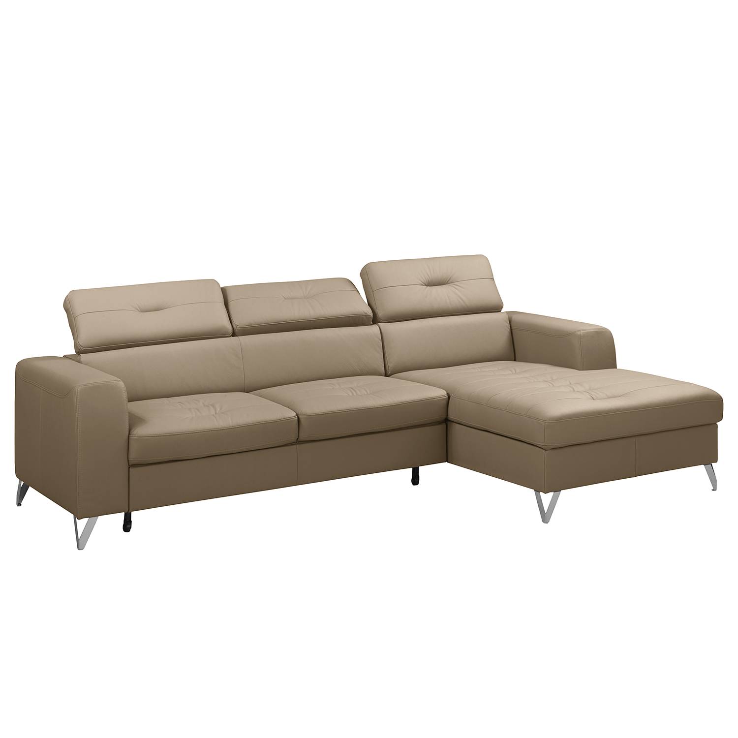 home24 Fredriks Ecksofa Lucena Taupe Echtleder 255x75x179 cm mit Schlaffunktion und Bettkasten