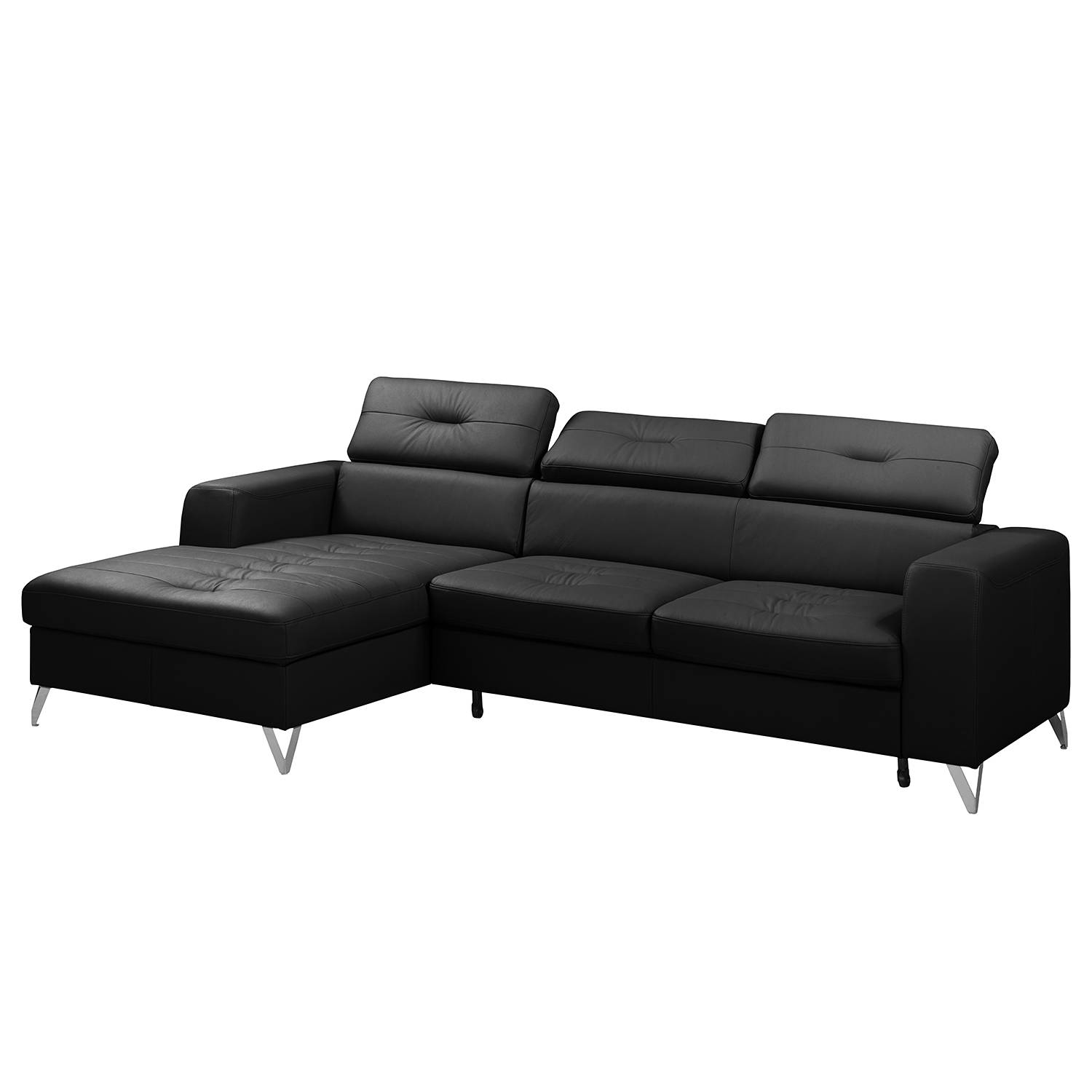 home24 Fredriks Ecksofa Lucena Schwarz Echtleder 255x75x179 cm mit Schlaffunktion und Bettkasten