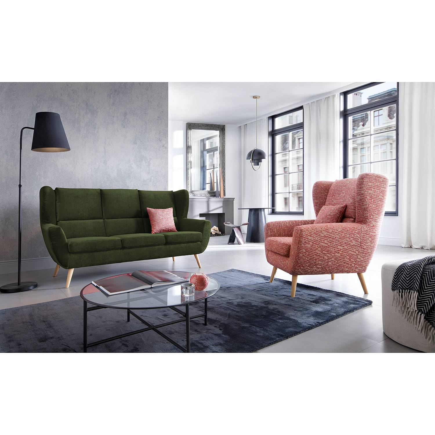 home24 Norrwood Sofa Glenhaven 3-Sitzer Dunkelgrün Samt 187x105x95 cm