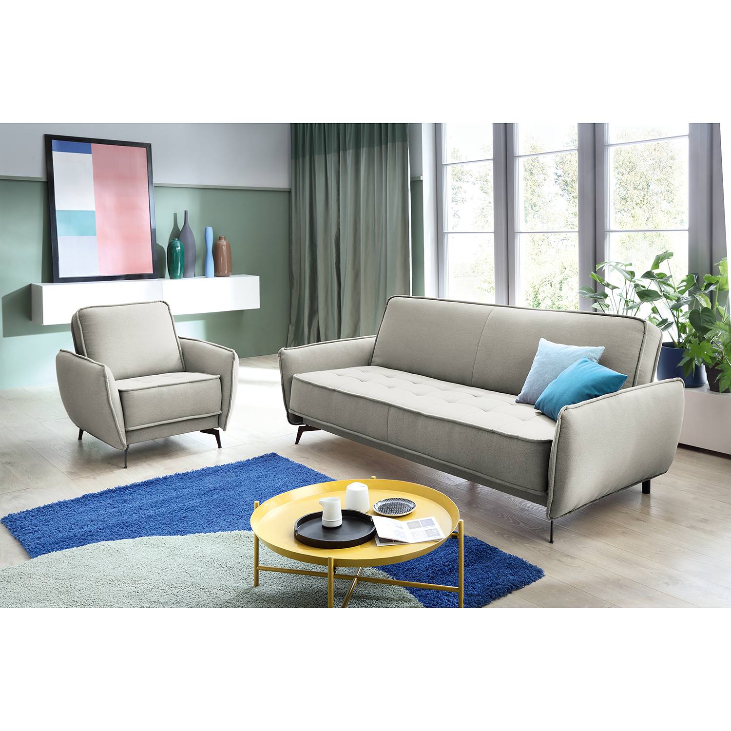 home24 Fredriks Schlafsofa Lonau Grau Microfaser 223x84x95 cm mit Schlaffunktion und Bettkasten