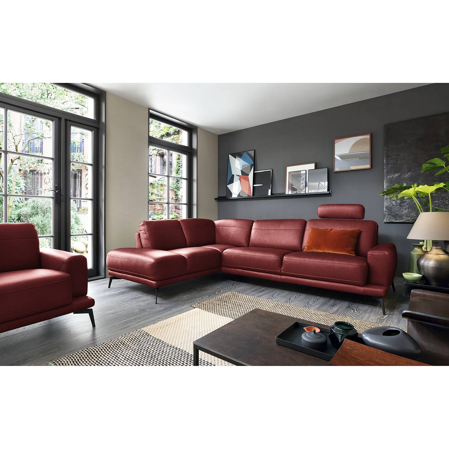 home24 loftscape Ecksofa Sabara Dunkelrot Echtleder 279x79x200 cm