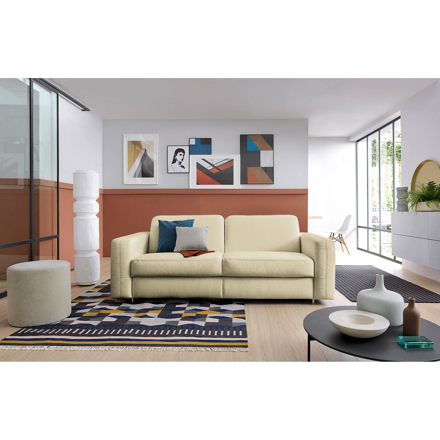 home24 loftscape Schlafsofa Blayney Weiß Echtleder 201x86x101 cm mit Schlaffunktion