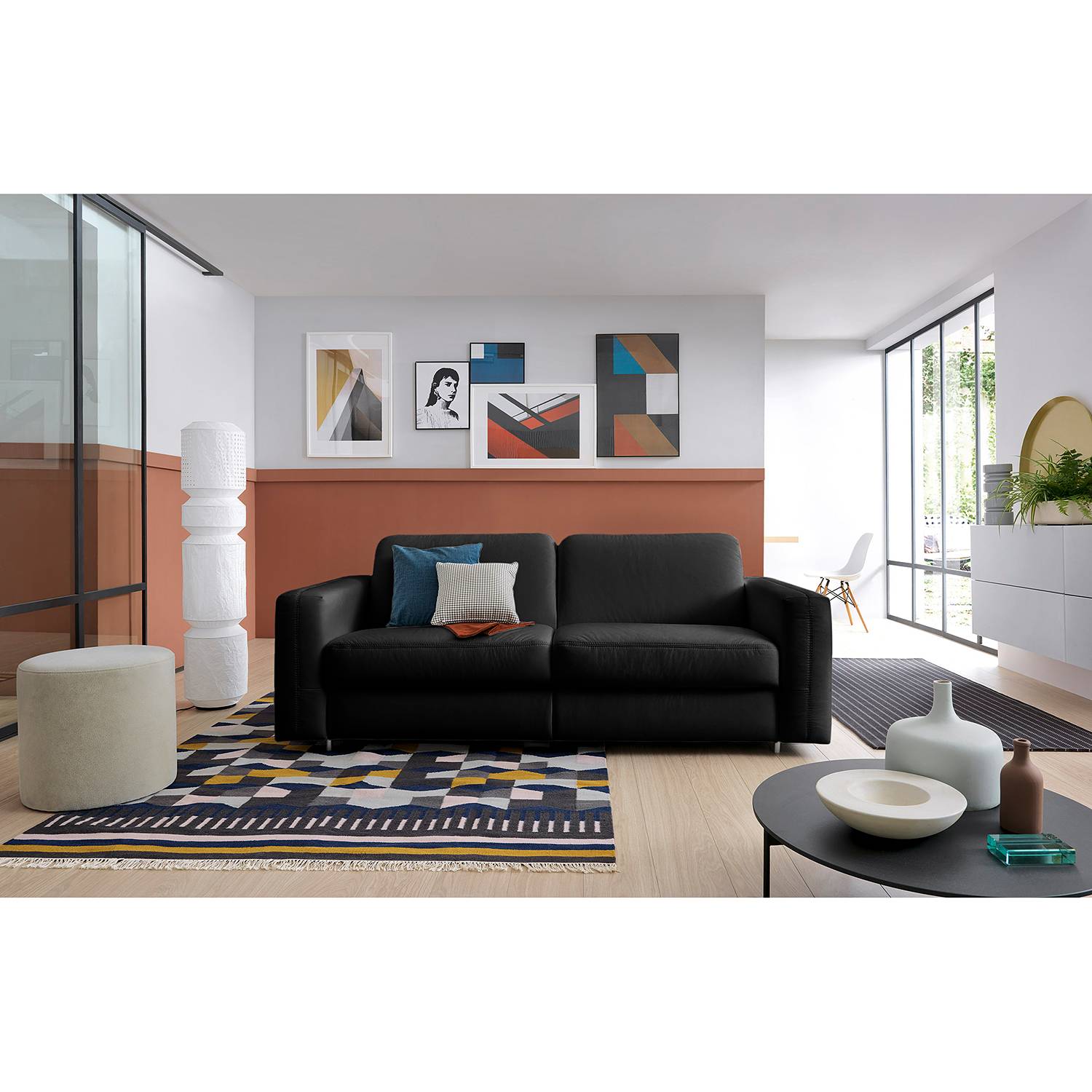 home24 loftscape Schlafsofa Blayney Schwarz Echtleder 221x86x101 cm mit Schlaffunktion