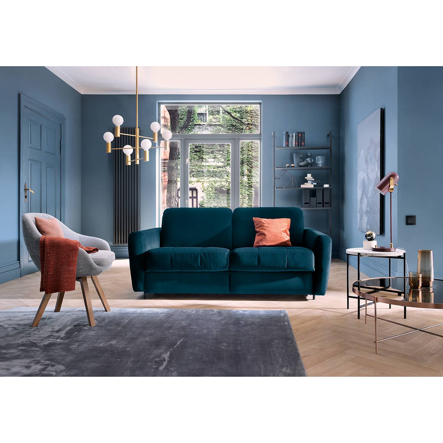 home24 loftscape Schlafsofa Leopoldina Marineblau Samt 169x86x101 cm mit Schlaffunktion