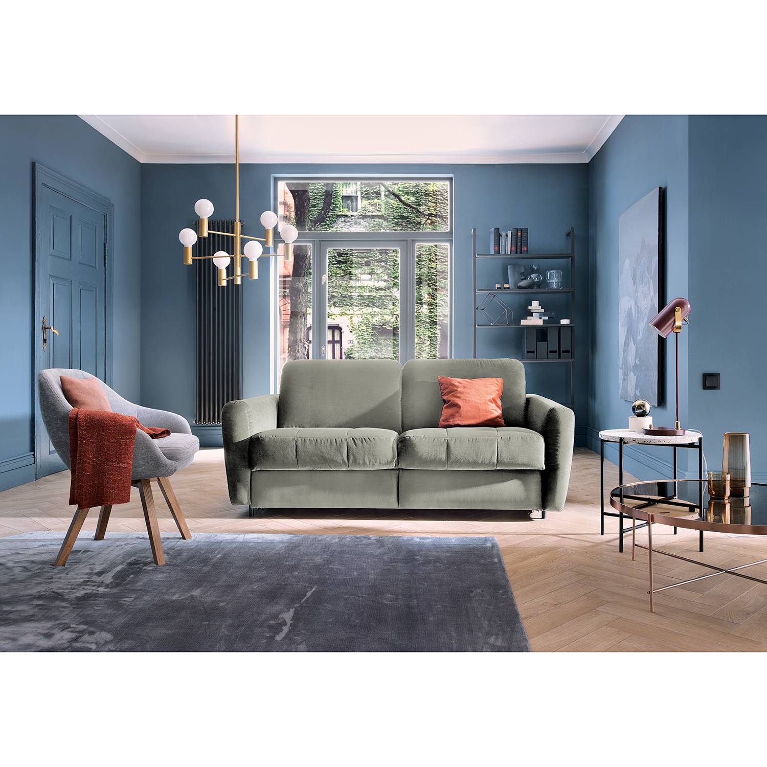 home24 loftscape Schlafsofa Leopoldina Hellgrau Samt 189x86x101 cm mit Schlaffunktion