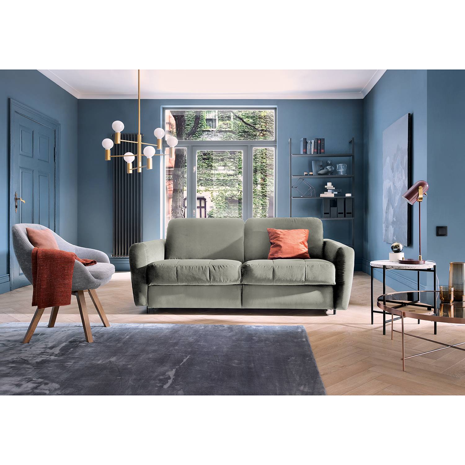 home24 loftscape Schlafsofa Leopoldina Hellgrau Samt 209x86x101 cm mit Schlaffunktion