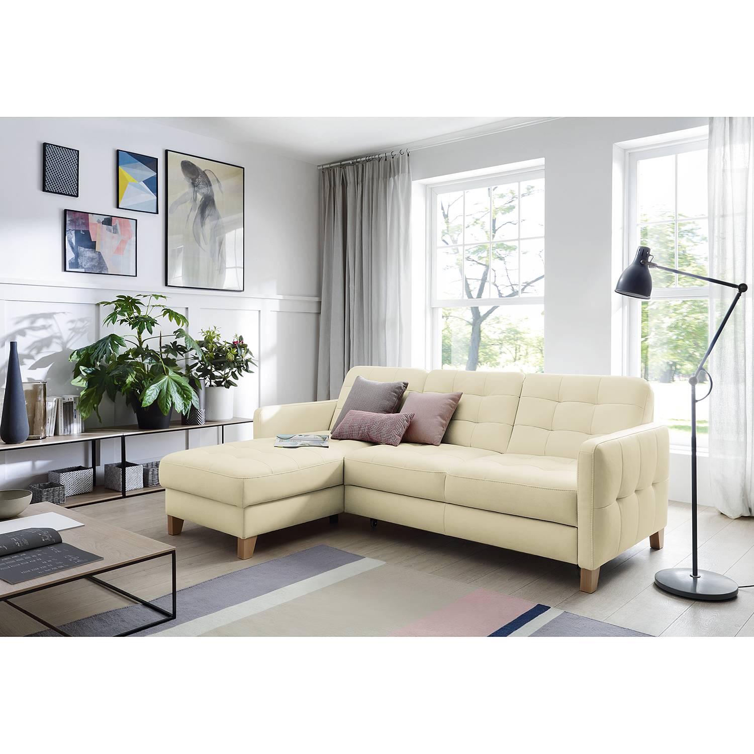 home24 loftscape Ecksofa Princesa Weiß Echtleder 217x84x157 cm