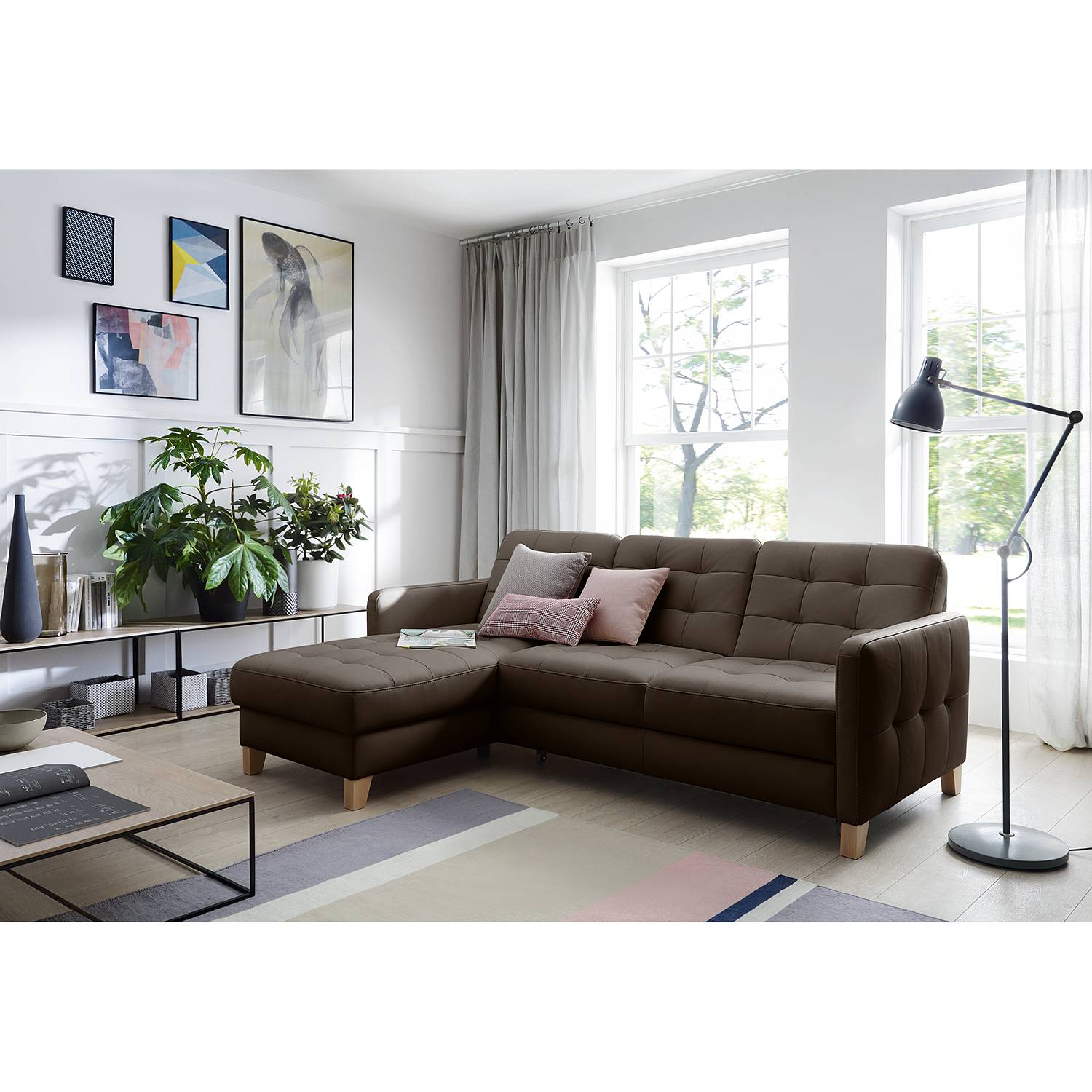 home24 loftscape Ecksofa Princesa Dunkelbraun Echtleder 217x84x157 cm