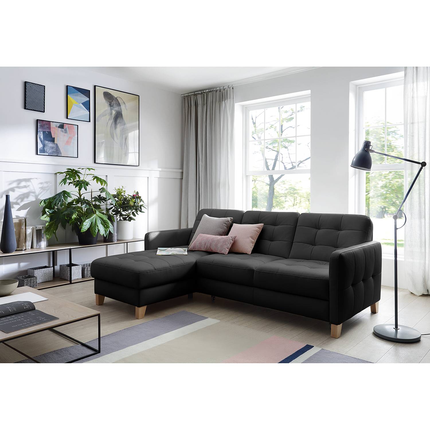 home24 loftscape Ecksofa Princesa Schwarz Echtleder 217x84x157 cm mit Schlaffunktion und Bettkasten