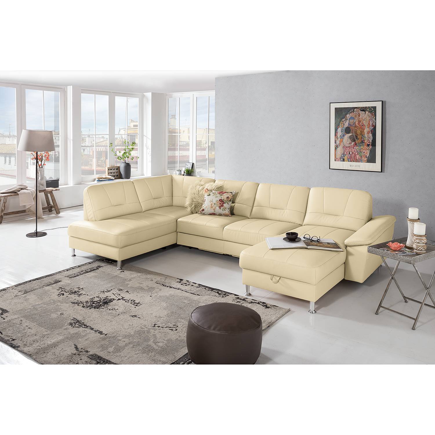 home24 loftscape Wohnlandschaft Kappel Magnolienweiß Echtleder 310x85x176 cm mit Schlaffunktion und Bettkasten