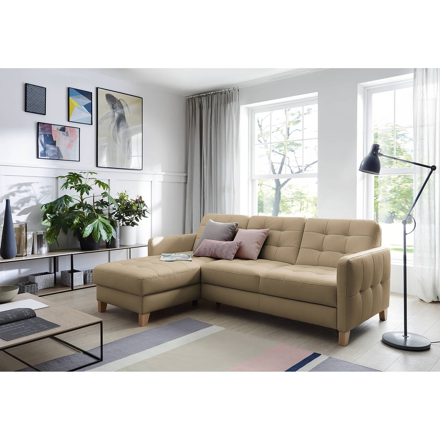 home24 loftscape Ecksofa Princesa Solinograu Echtleder 217x84x157 cm mit Schlaffunktion und Bettkasten