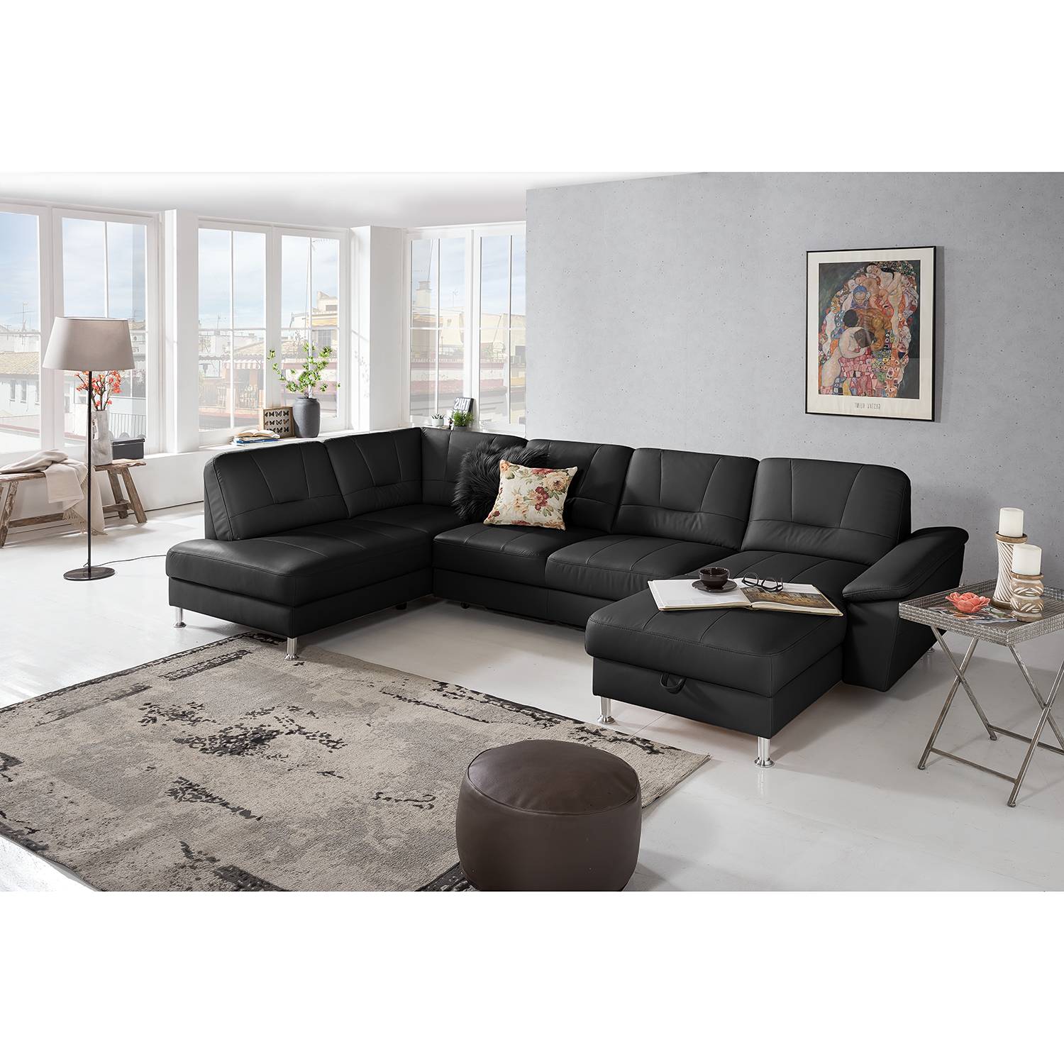 home24 loftscape Wohnlandschaft Kappel Schwarz Echtleder 310x85x176 cm