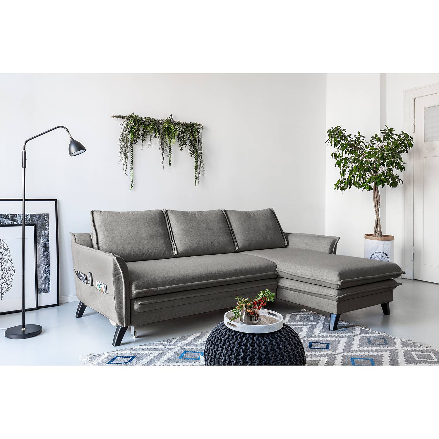 home24 Norrwood Ecksofa Mia Mia II Grau Webstoff 227x86x149 cm mit Schlaffunktion und Bettkasten