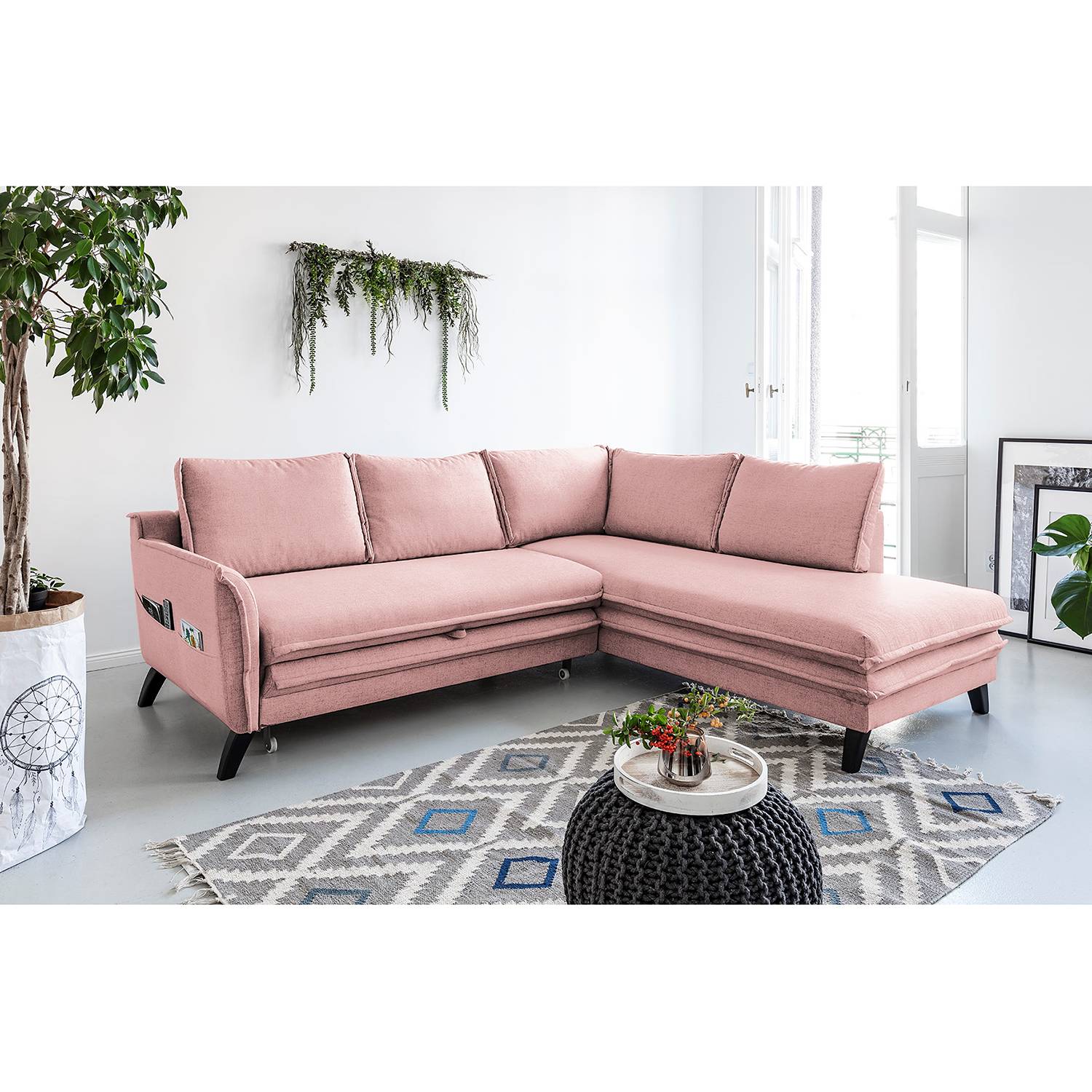 home24 Norrwood Ecksofa Mia Mia I Mauve Webstoff 232x86x202 cm mit Schlaffunktion und Bettkasten