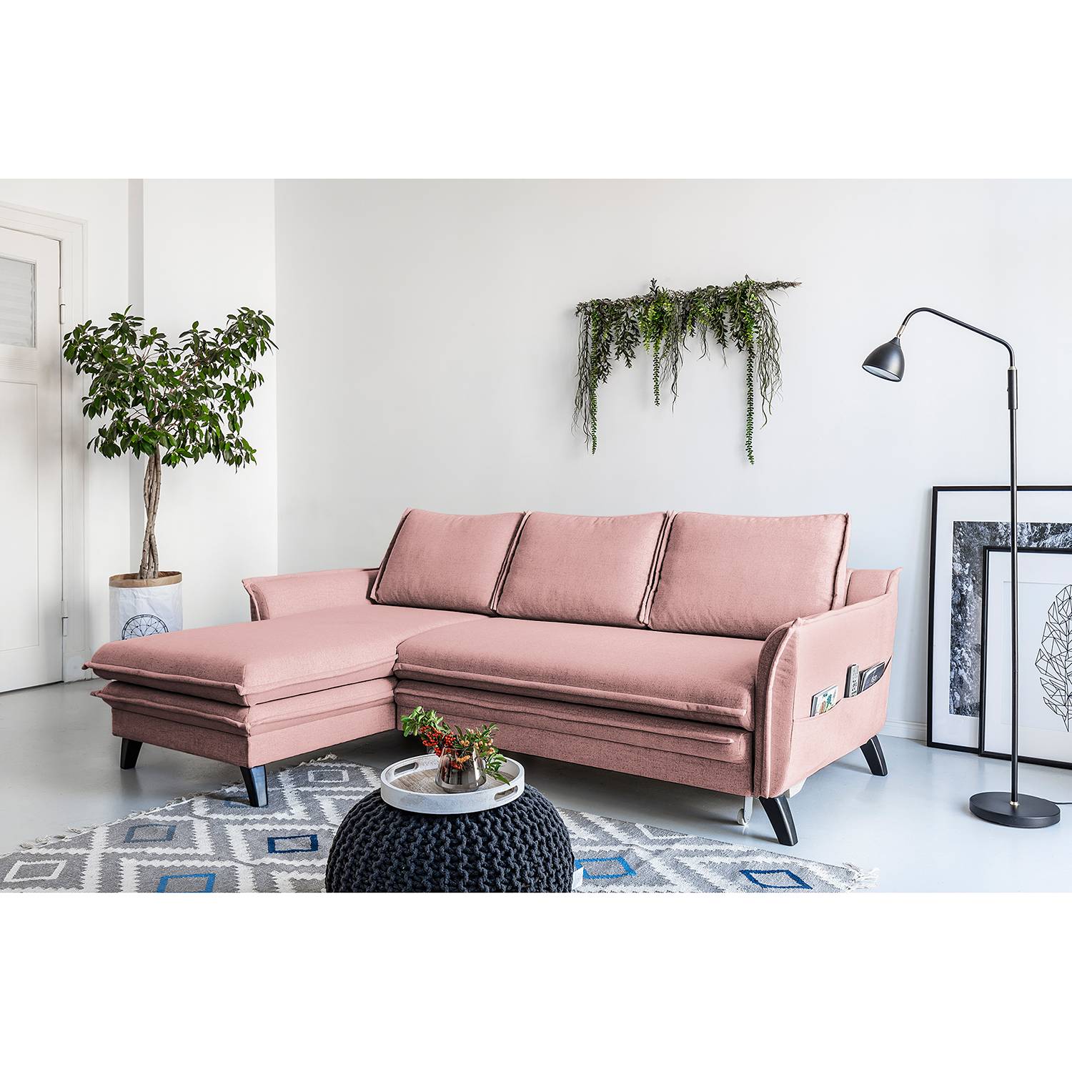 home24 Norrwood Ecksofa Mia Mia II Mauve Webstoff 227x86x149 cm mit Schlaffunktion und Bettkasten