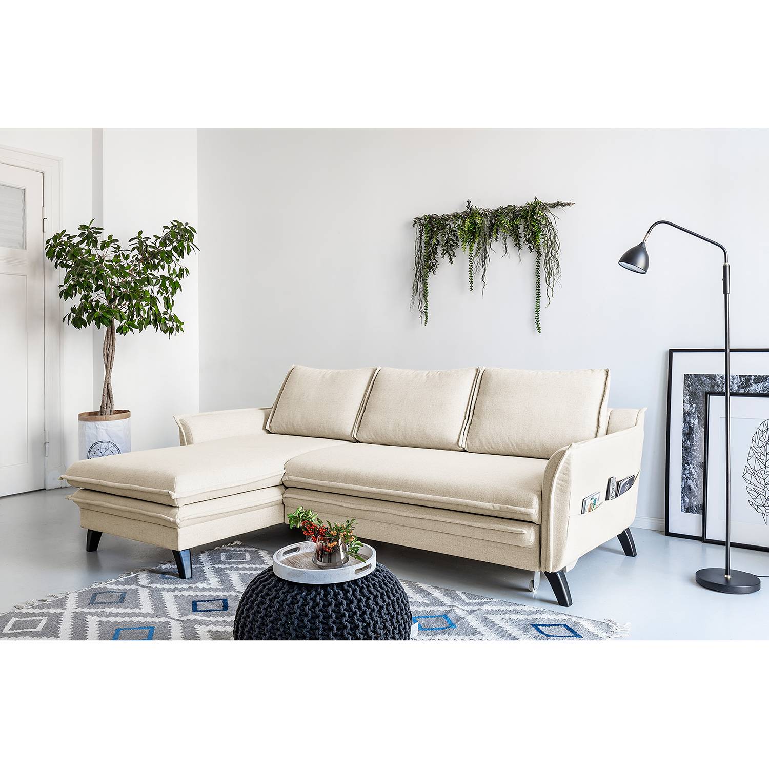 home24 Norrwood Ecksofa Mia Mia II Beige Webstoff 227x86x149 cm mit Schlaffunktion und Bettkasten