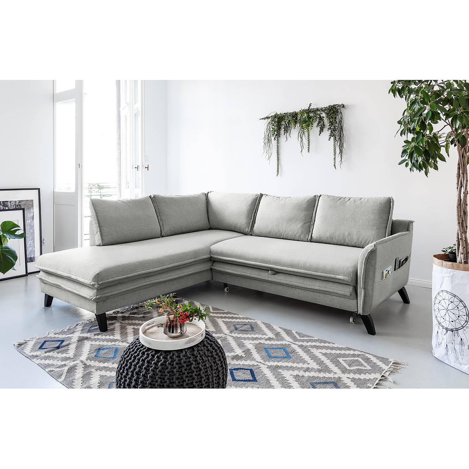 home24 Norrwood Ecksofa Mia Mia I Hellgrau Webstoff 232x86x202 cm mit Schlaffunktion und Bettkasten