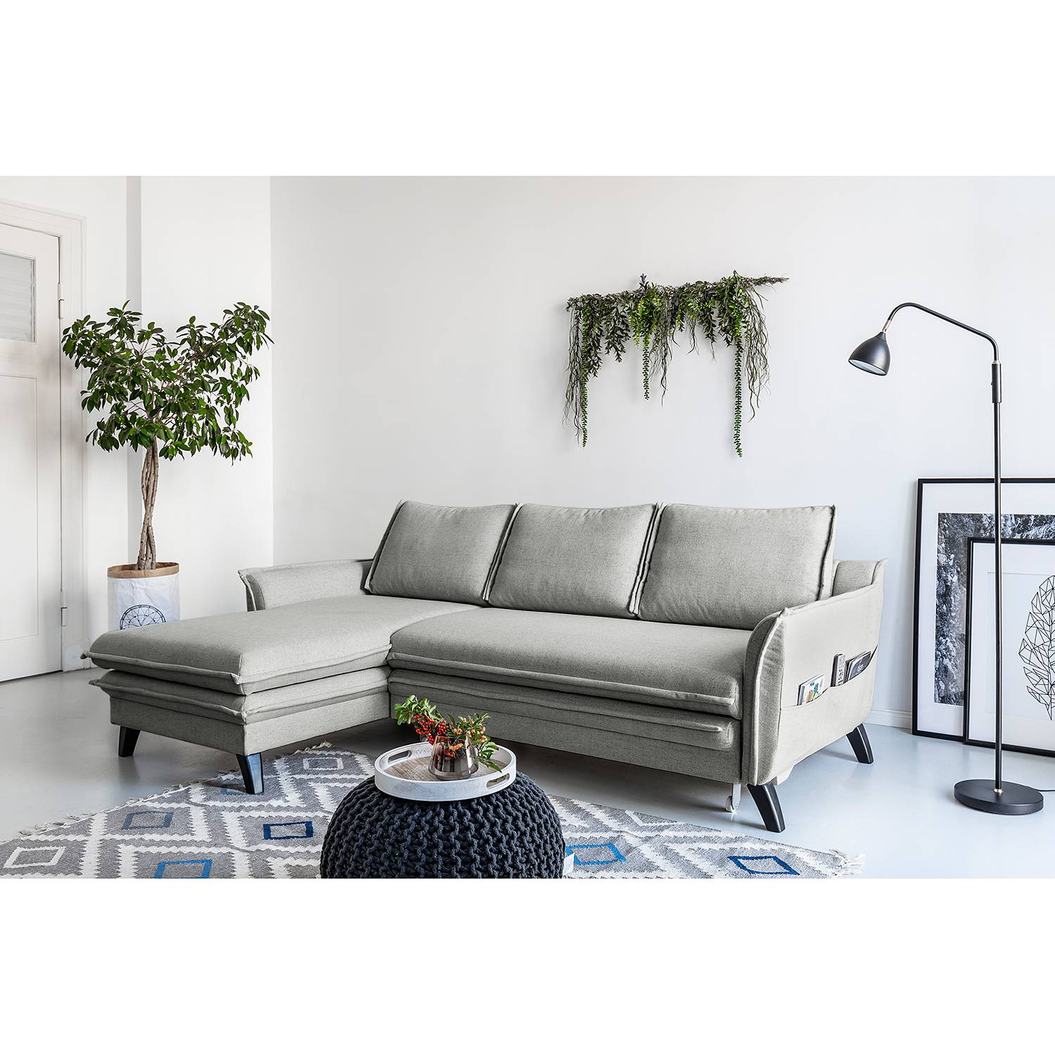 home24 Norrwood Ecksofa Mia Mia II Hellgrau Webstoff 227x86x149 cm mit Schlaffunktion und Bettkasten
