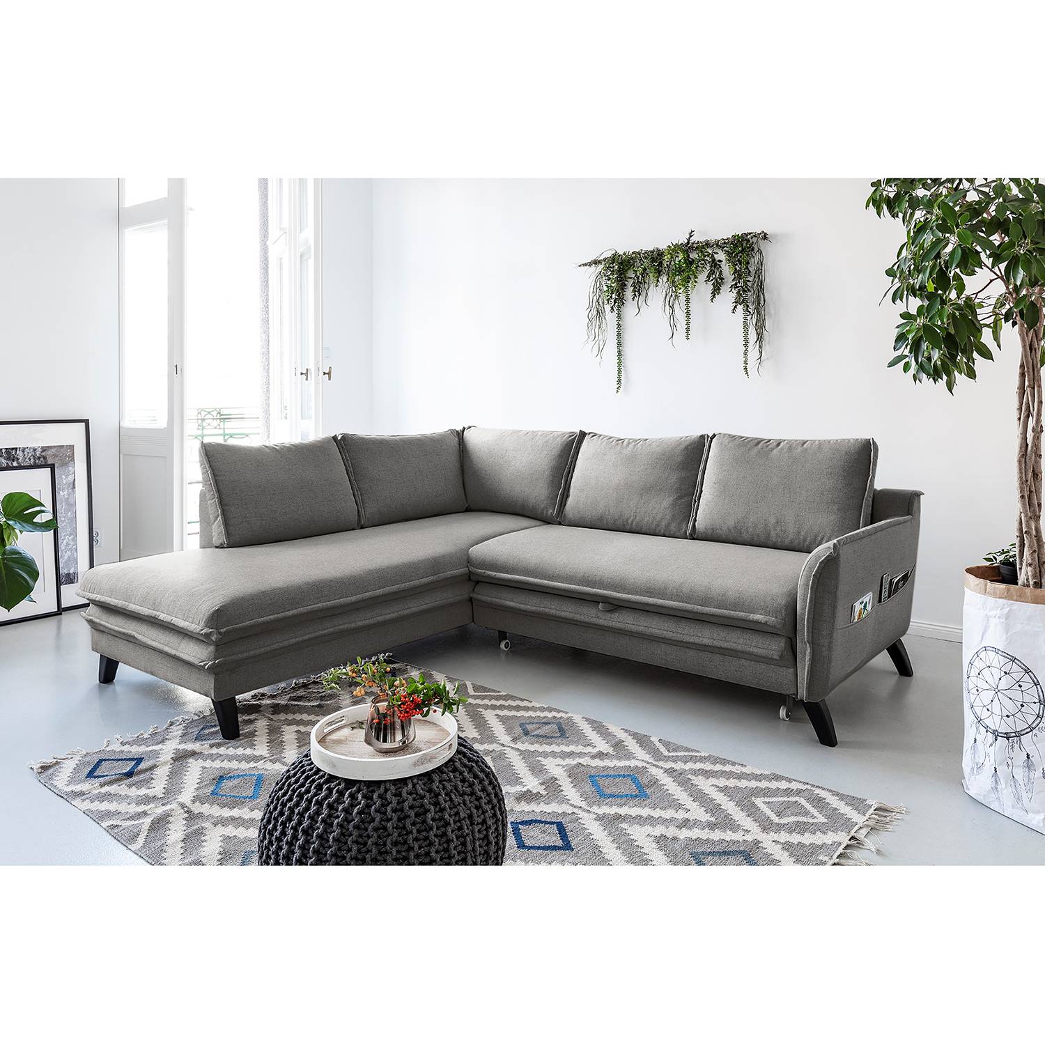 home24 Norrwood Ecksofa Mia Mia I Grau Webstoff 232x86x202 cm mit Schlaffunktion und Bettkasten