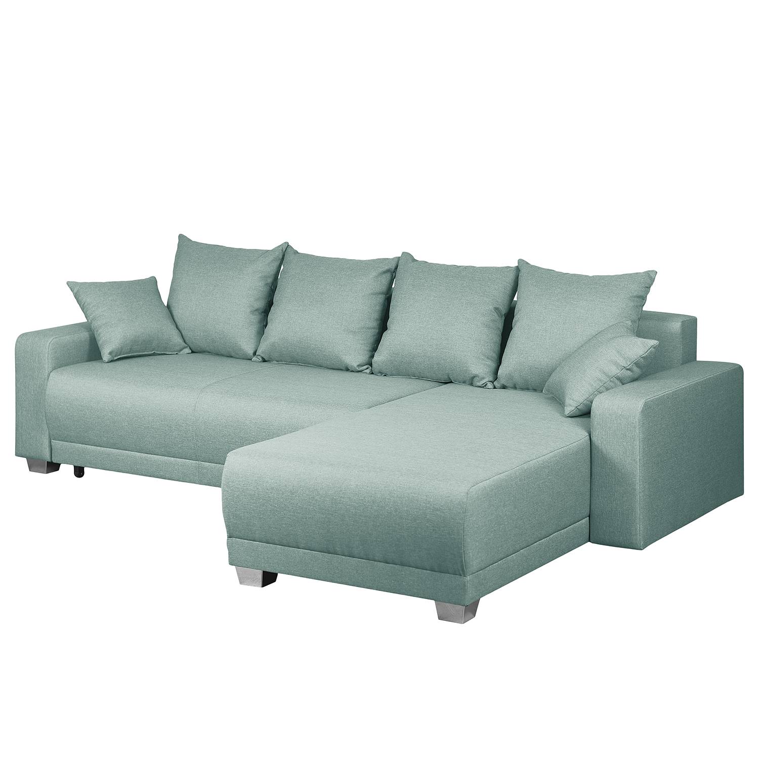 home24 Fredriks Ecksofa Alstrup Mintgrau Webstoff 255x83x182 cm mit Schlaffunktion und Bettkasten