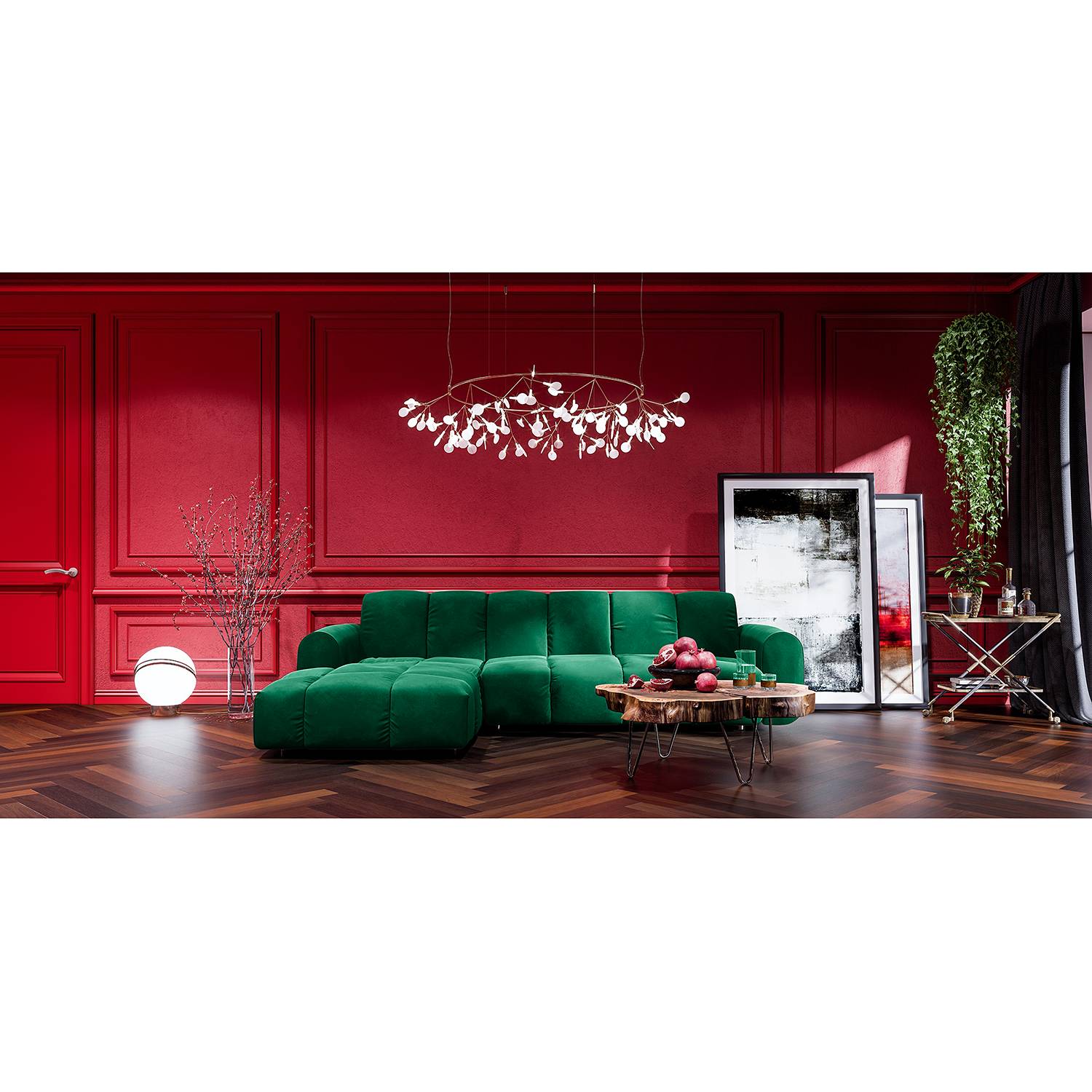 home24 Jack & Alice Ecksofa Malter Antikgrün Samt 293x80x174 cm