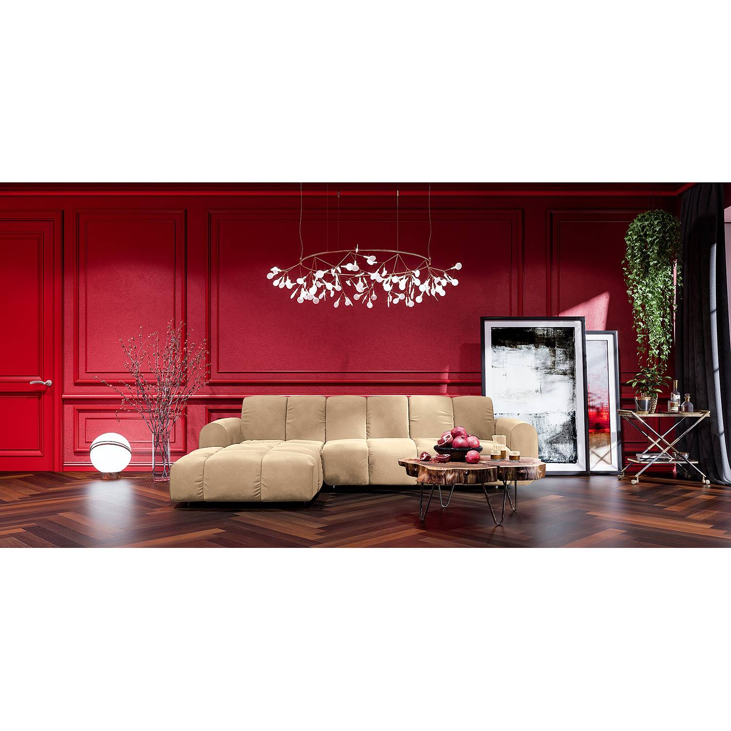 home24 Jack & Alice Ecksofa Malter Beige Samt 293x80x174 cm